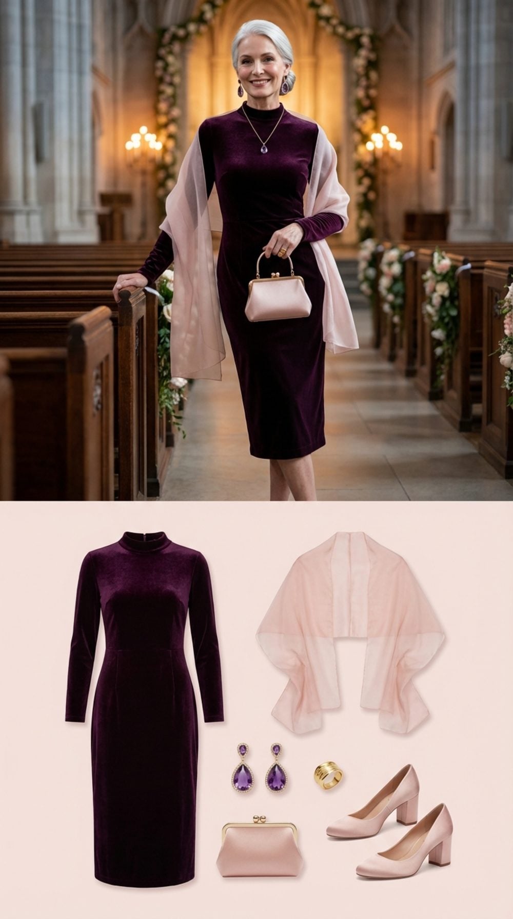 Deep Plum Velvet Midi with Blush and Gold for a Winter Wedding Ceremony