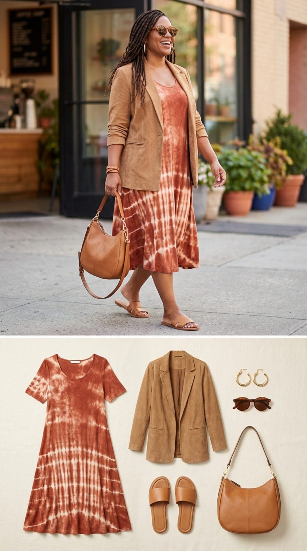 Rust and Cream Tie-Dye Midi with Tan Leather for the Spontaneous City Weekend