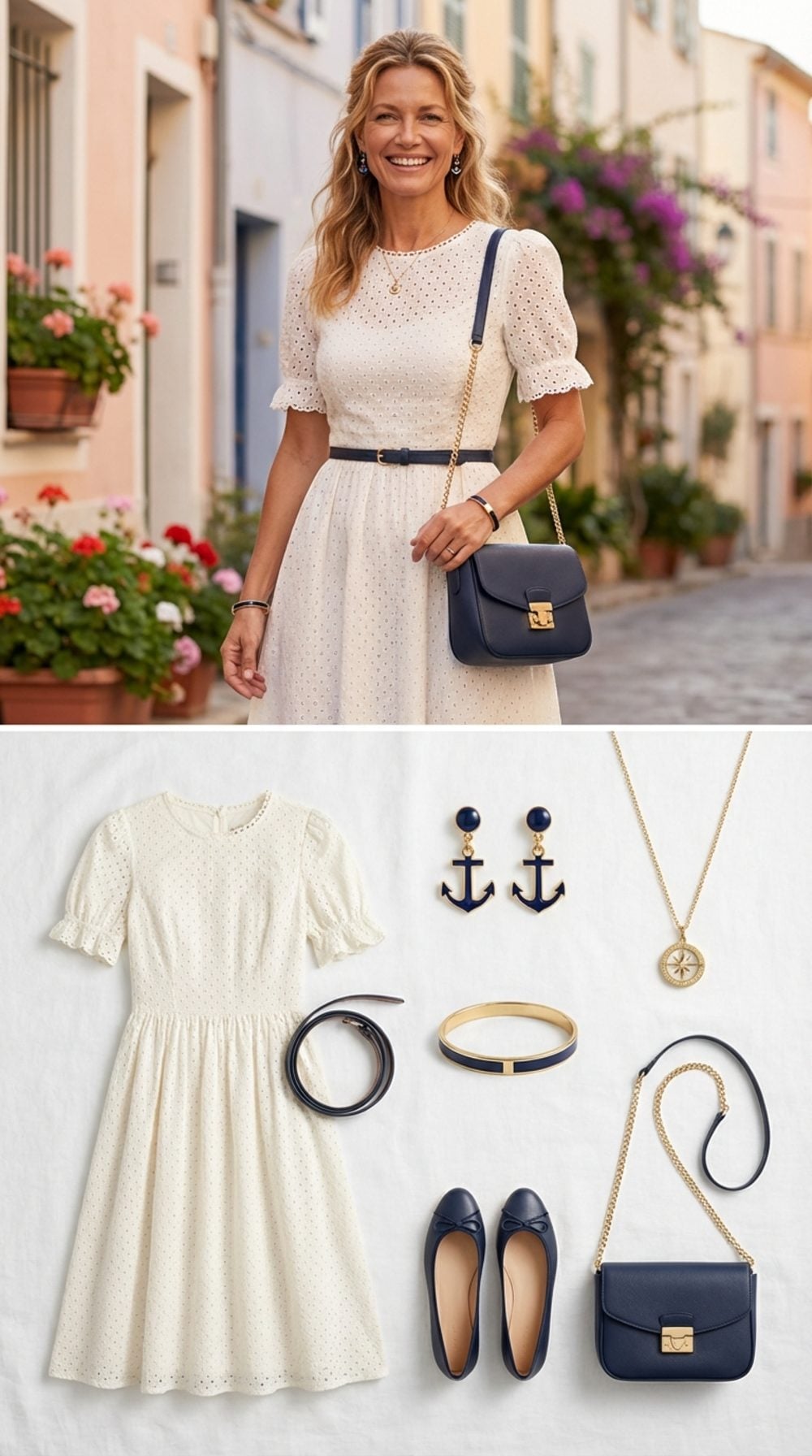 Off-White Eyelet Midi and Navy Accessories for a Coastal Town Afternoon