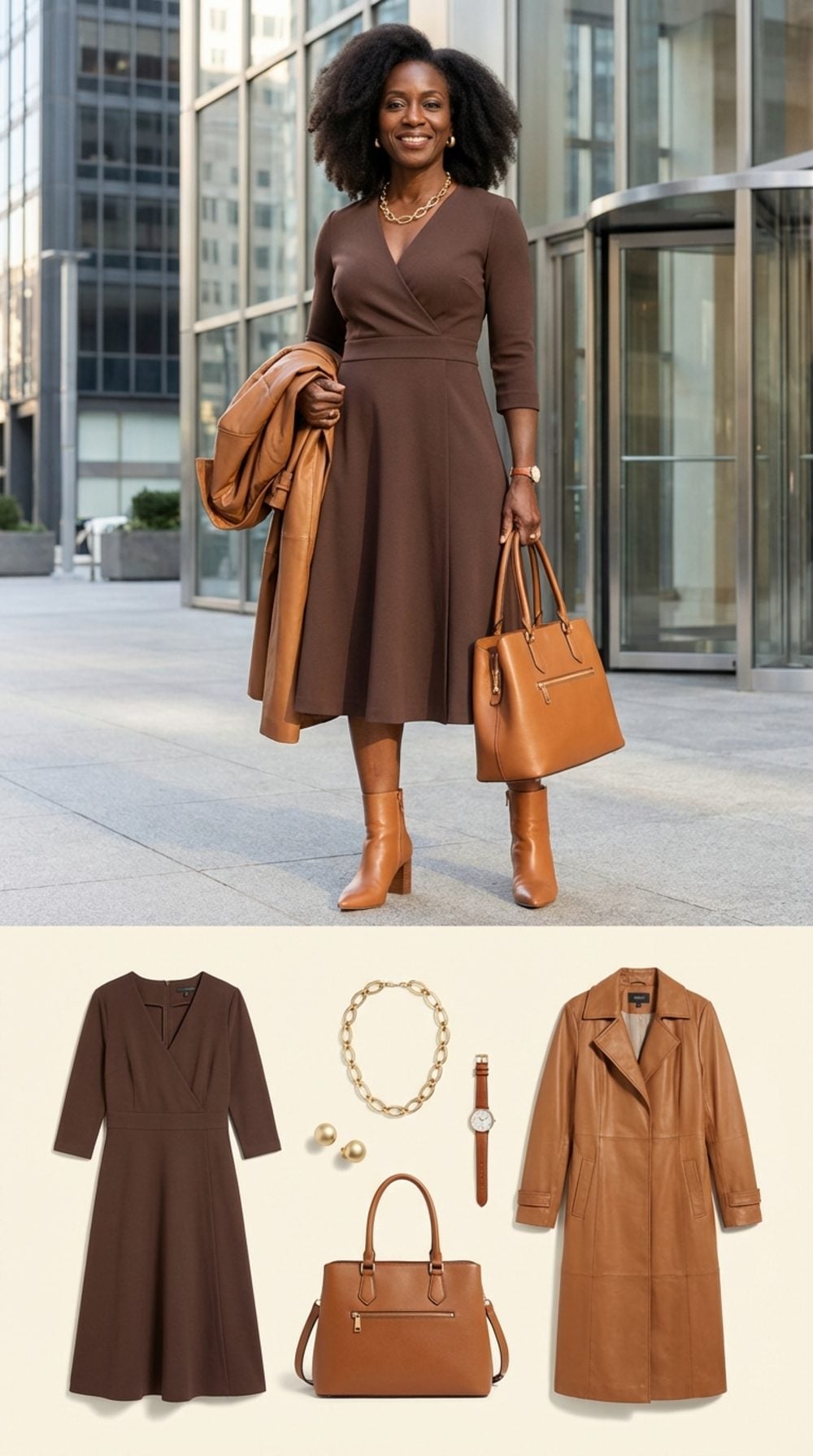 Chocolate Mocha Crepe Midi and Rich Caramel Leather for a Power Lunch in the City