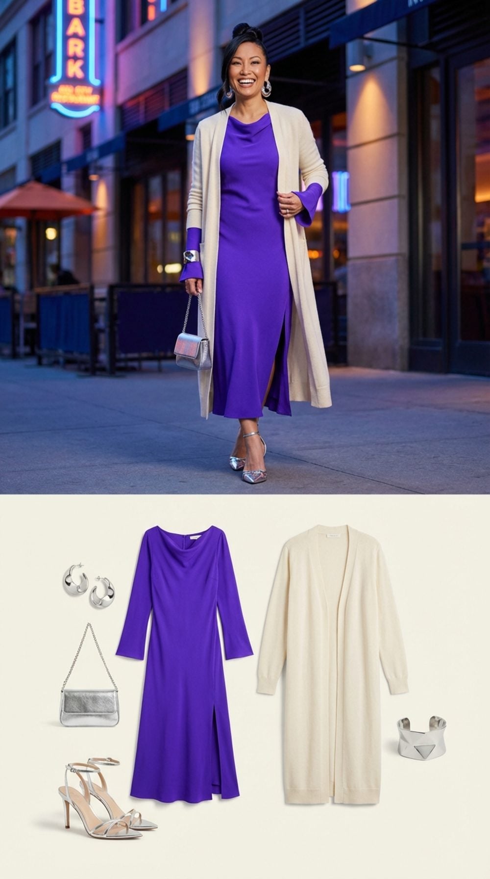 Electric Violet and Cream Midi with Silver for a Vibrant Evening in the City