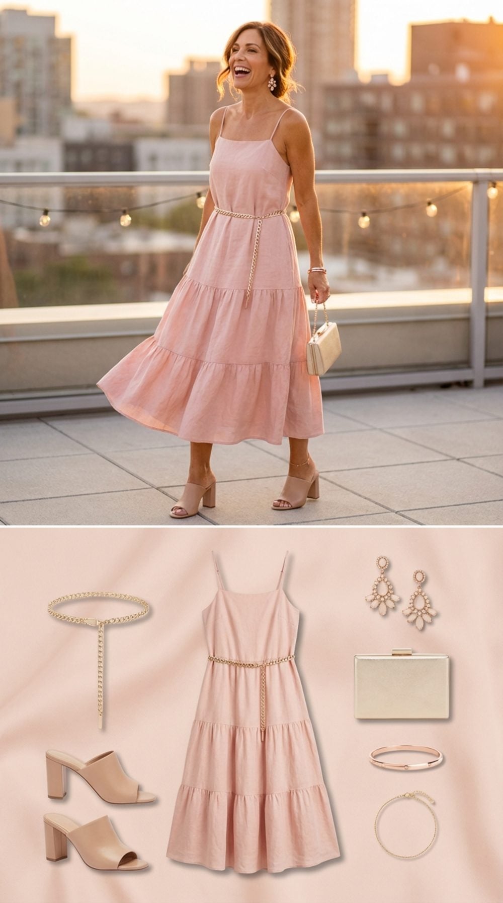 Blush Linen Tiered Midi and Warm Nude for a Warm-Weather Rooftop Celebration