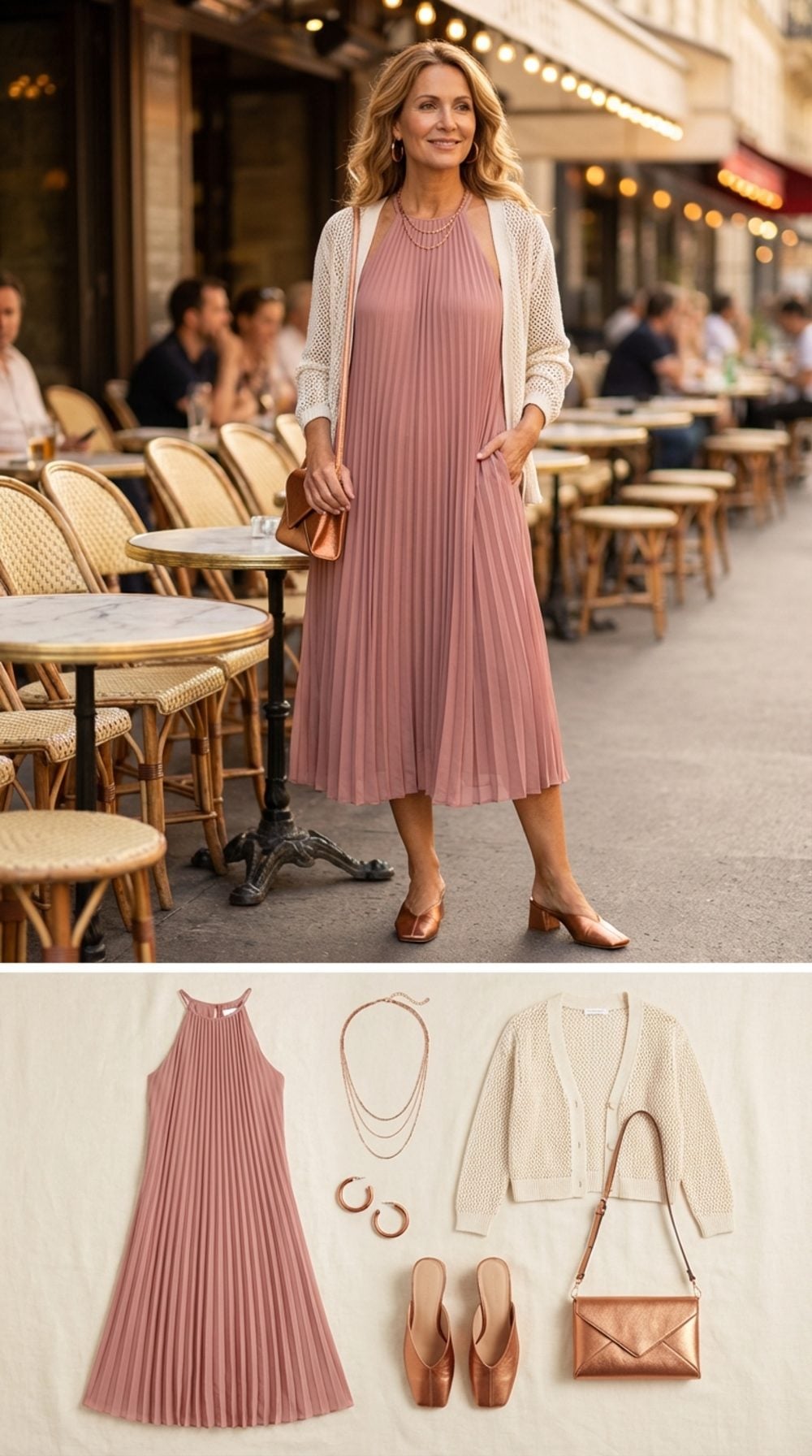 Dusty Rose Pleated Midi with Burnished Copper Accessories at Aperitivo Hour