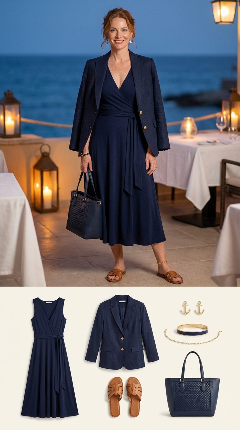 Midnight Navy Wrap Midi and Woven Leather for the Coastal Dinner