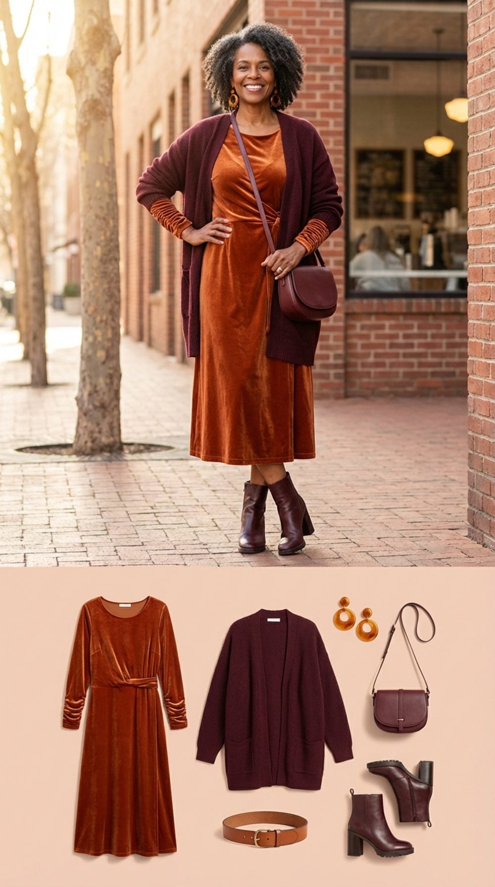 Burnt Amber Velvet Midi and Bold Burgundy for a Winter-Into-Spring Transition