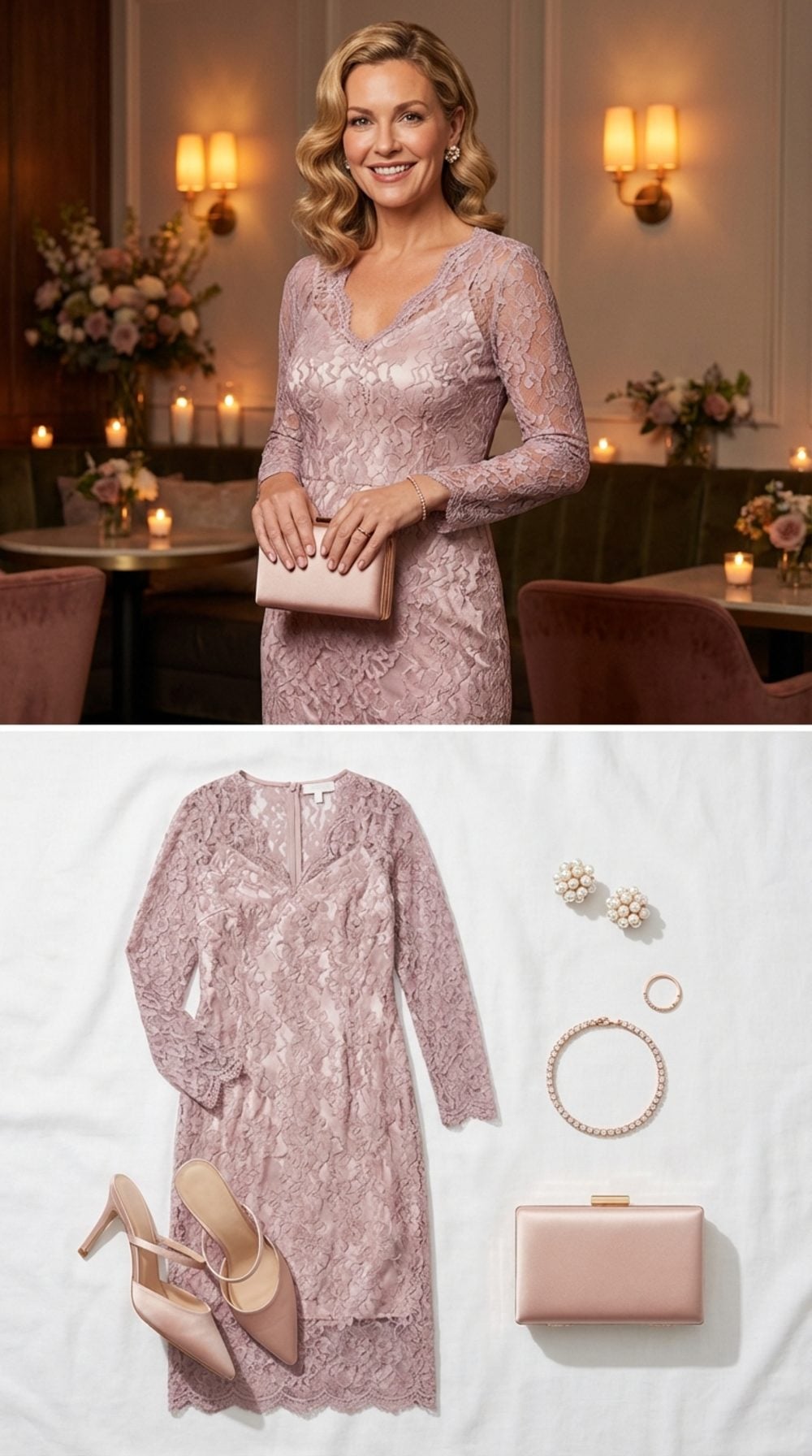 Soft Mauve Lace Overlay Midi for a Spring Cocktail Evening