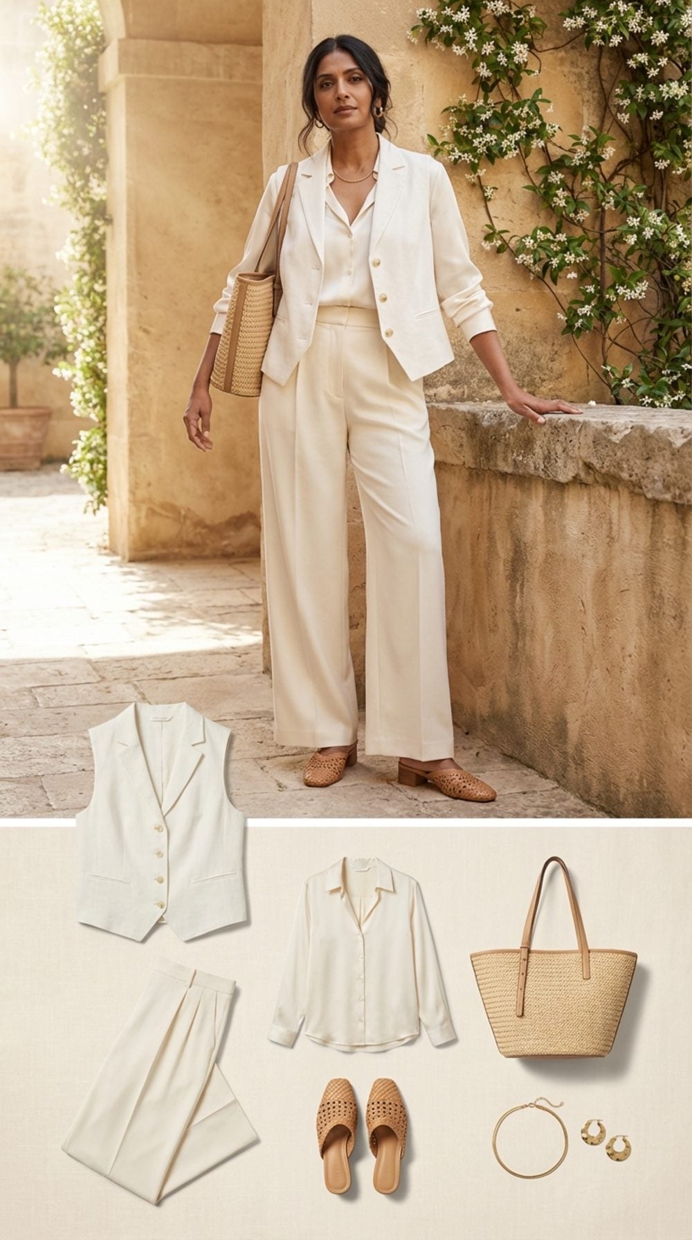 Ivory Linen Vest Over a Silk Blouse, Wide-Leg Cream Trousers, and Woven Mules