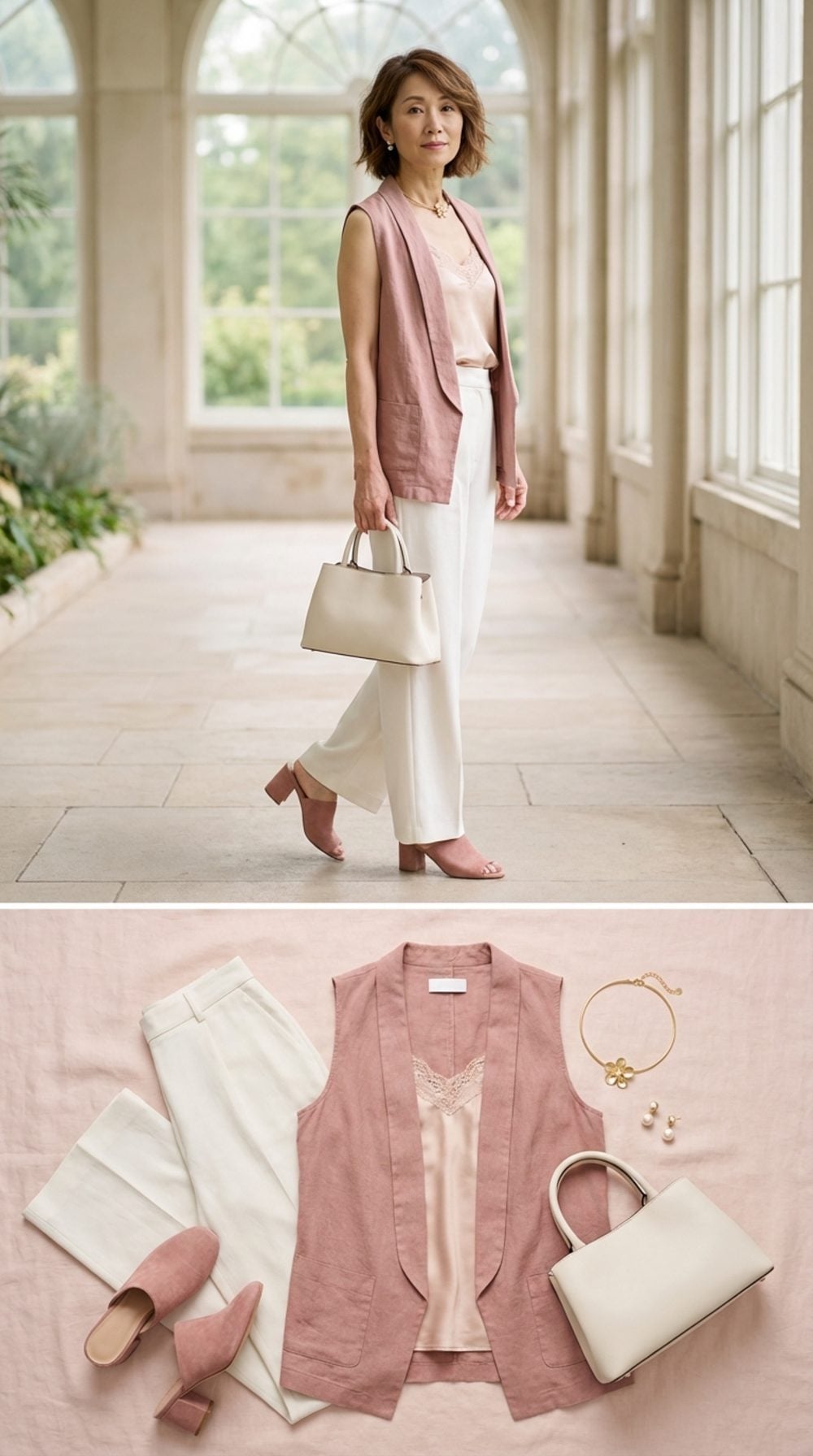 Dusty Rose Linen Vest Over a Blush Silk Camisole, Bone Wide-Leg Trousers, and Block Heel Mules