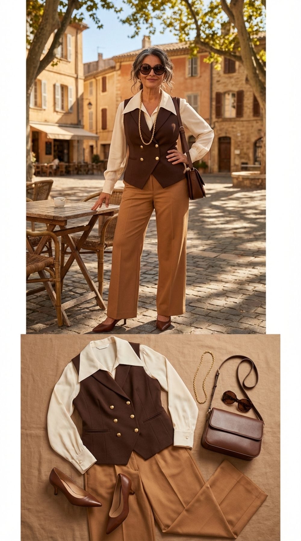 Chocolate Brown Tailored Double-Breasted Vest, Cream Wide-Collar Blouse, and Caramel Wide-Leg Trousers