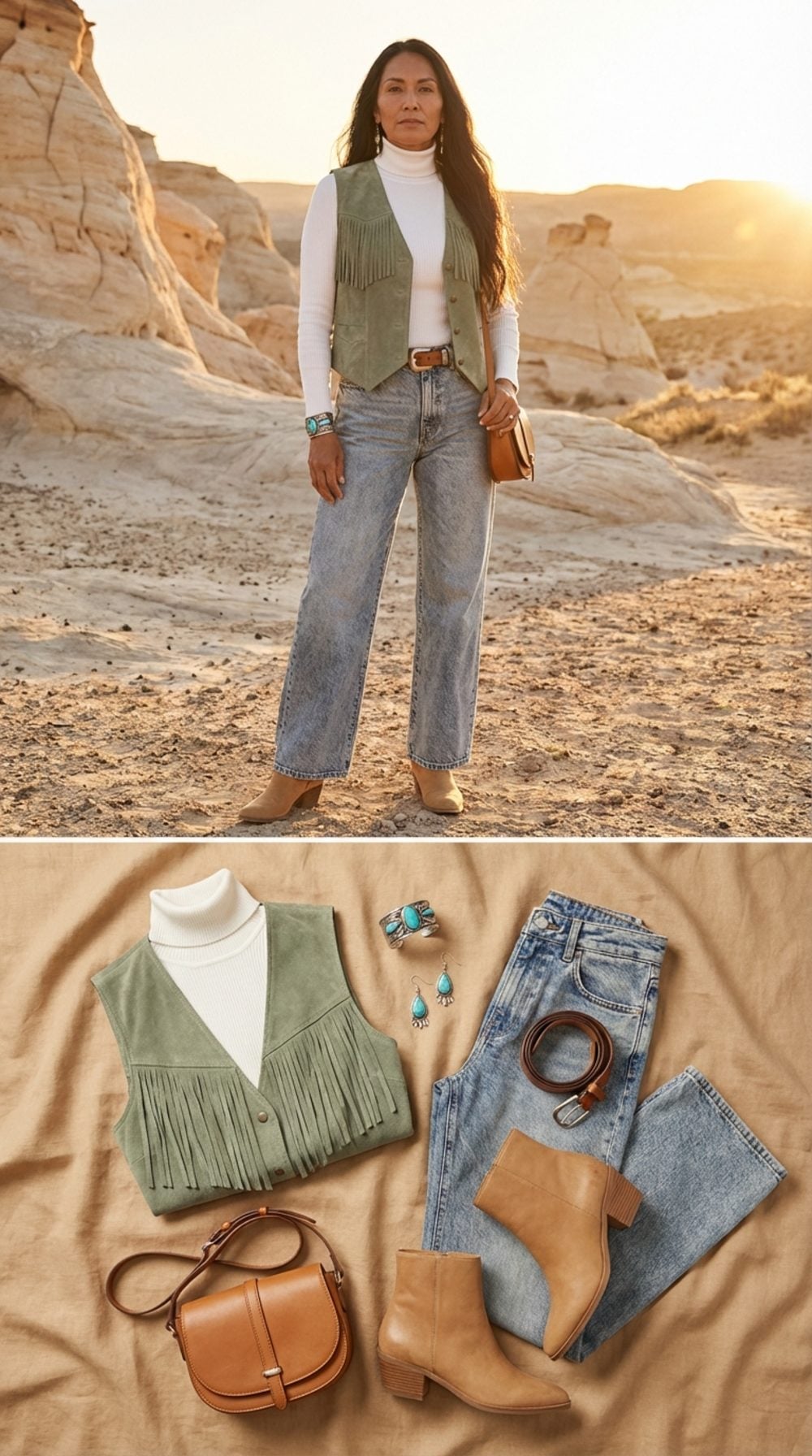 Sage Suede Vest With Fringe Hem, White Fitted Turtleneck, and Stone-Washed Wide Jeans
