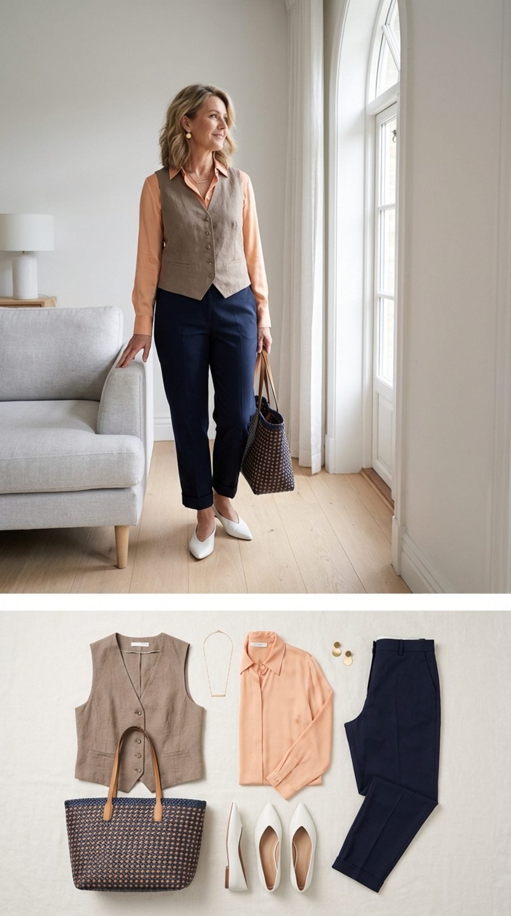 Warm Taupe Linen Vest, Peach Silk Blouse Tucked Into Straight Navy Trousers