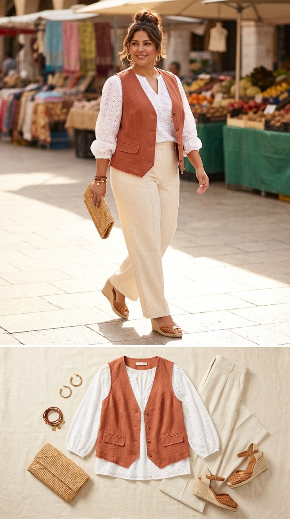 Terracotta Linen Vest, White Broderie Blouse, and Cream Wide-Leg Linen Trousers