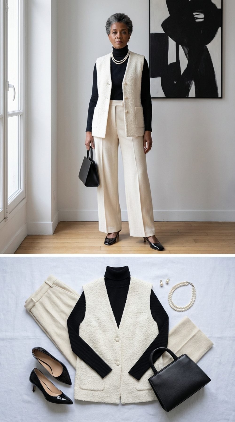 Off-White Bouclé Vest, Thin Black Turtleneck, and Wide-Leg Cream Herringbone Trousers