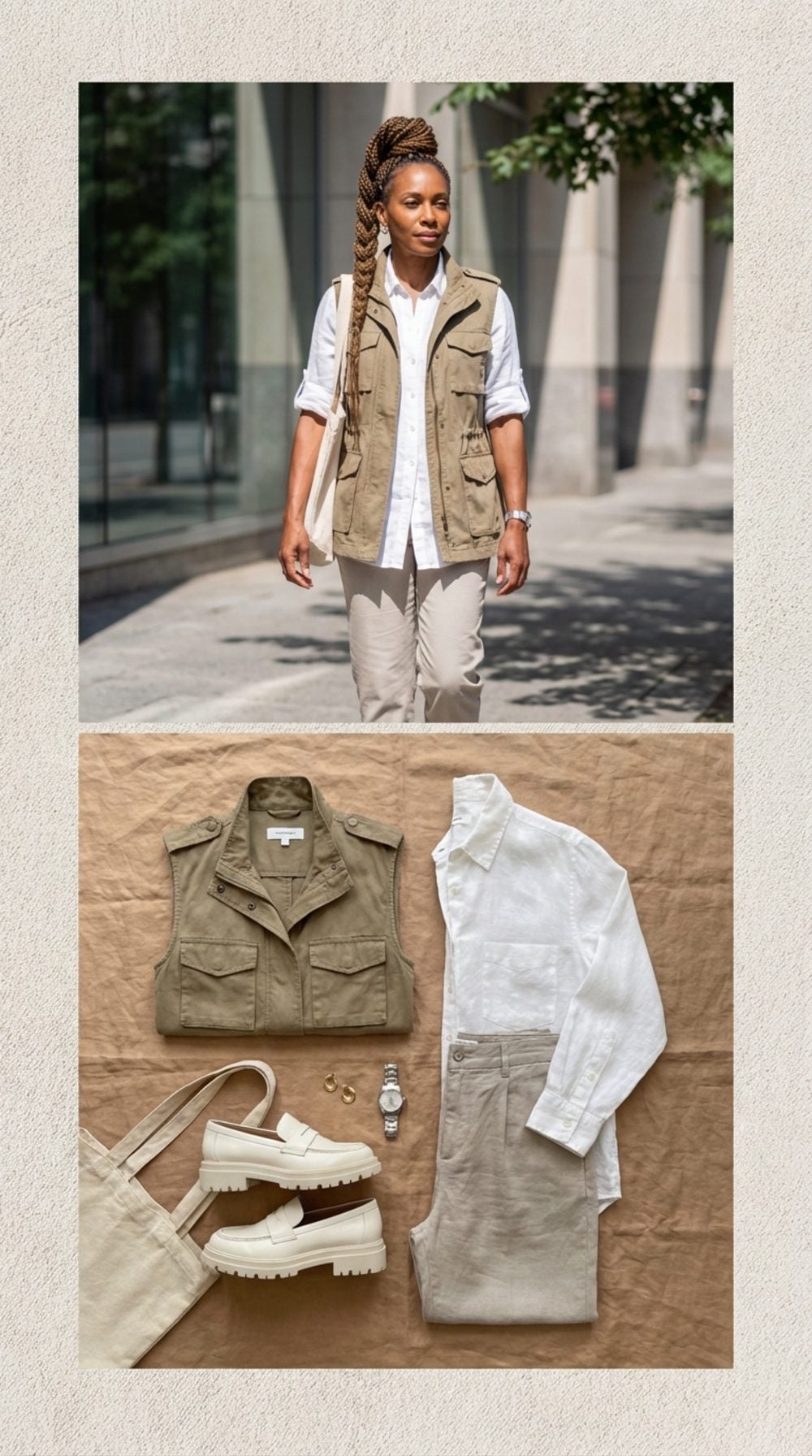 Soft Khaki Utility Vest With Pockets, White Linen Shirt, and Straight-Leg Stone Trousers