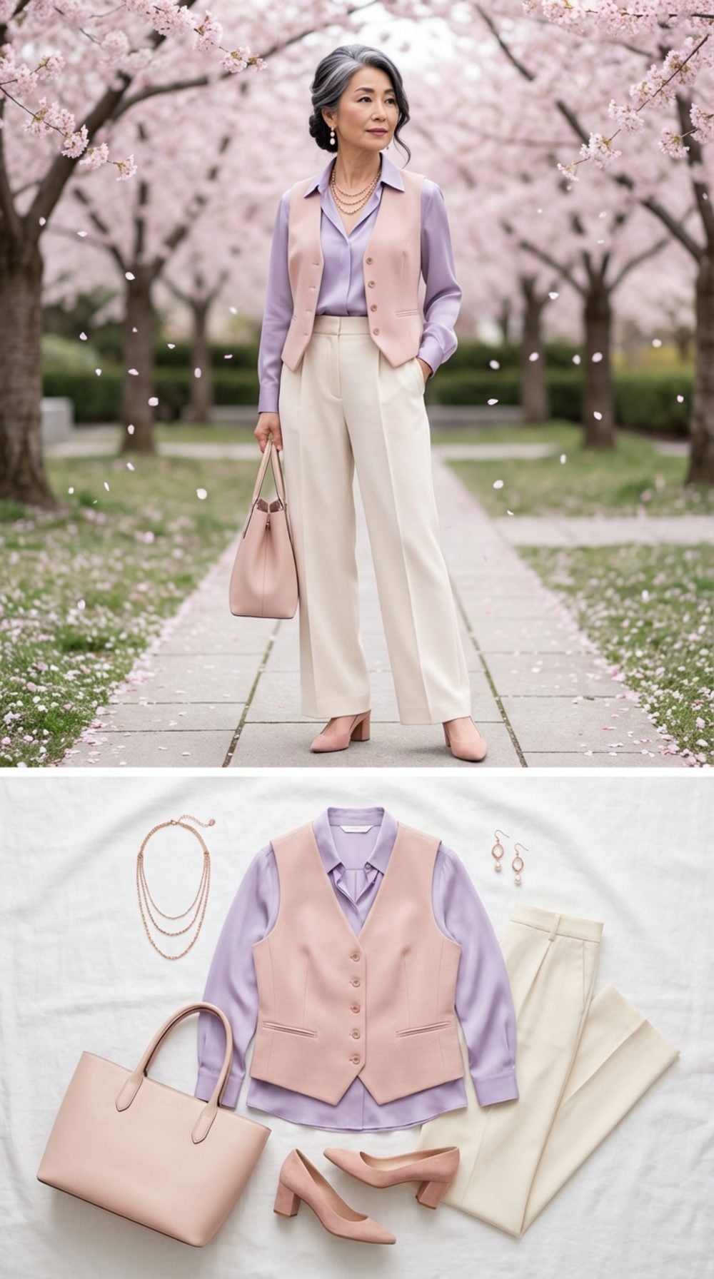 Blush Pink Tailored Vest, Soft Lavender Silk Blouse, and Wide-Leg Cream Trousers
