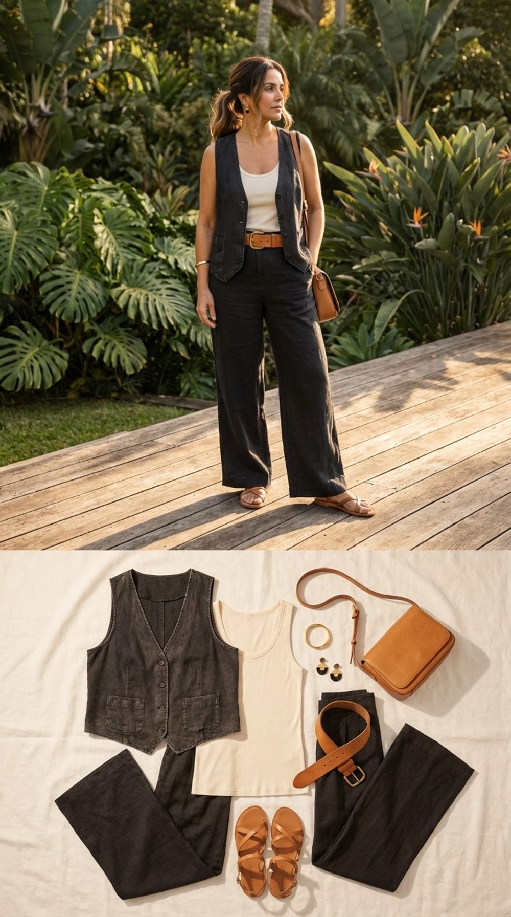 Washed Black Linen Vest, Cream Silk Tank, and Wide-Leg Black Linen Trousers With Tan Accessories