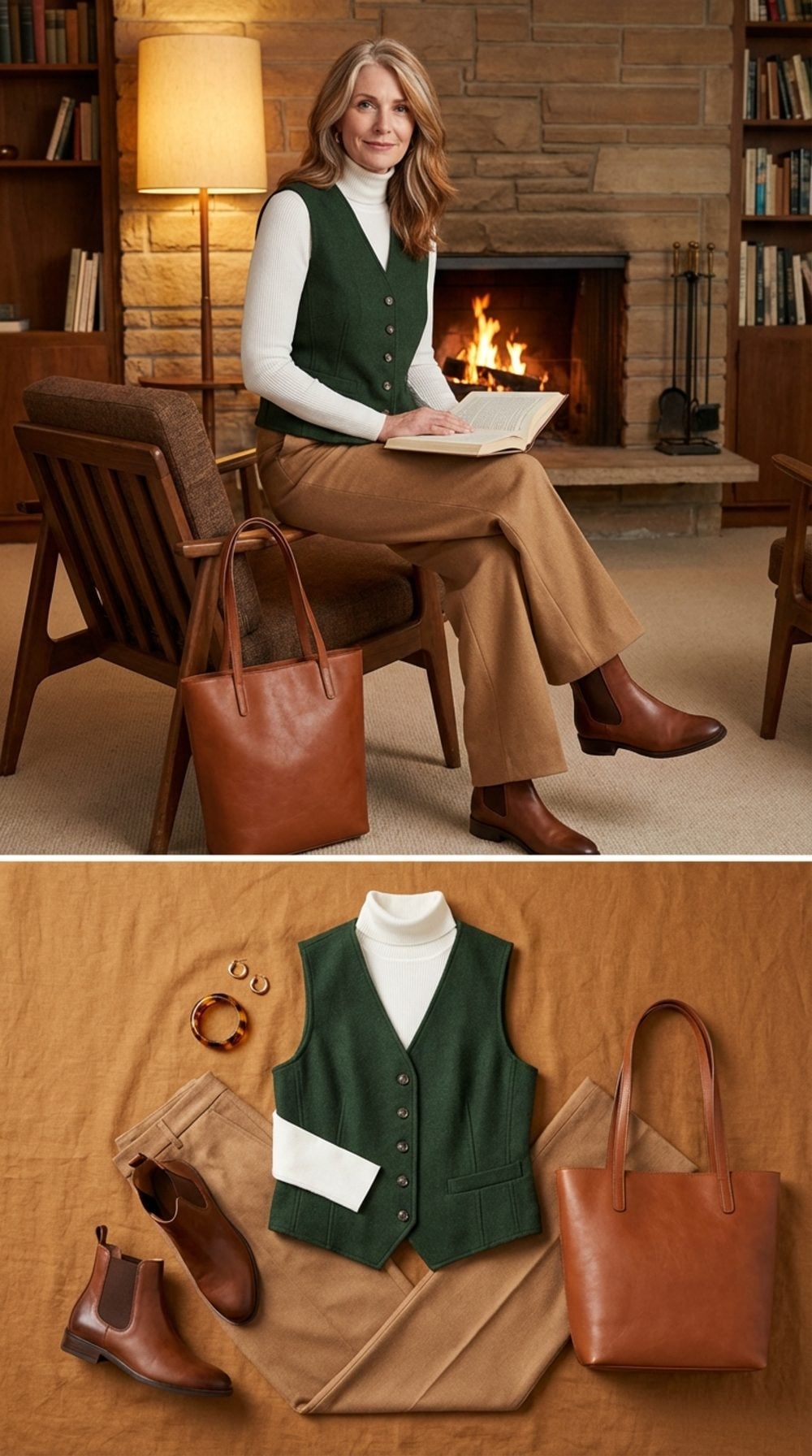 Forest Green Wool Vest, White Fitted Turtleneck, and Camel Wide-Leg Trousers