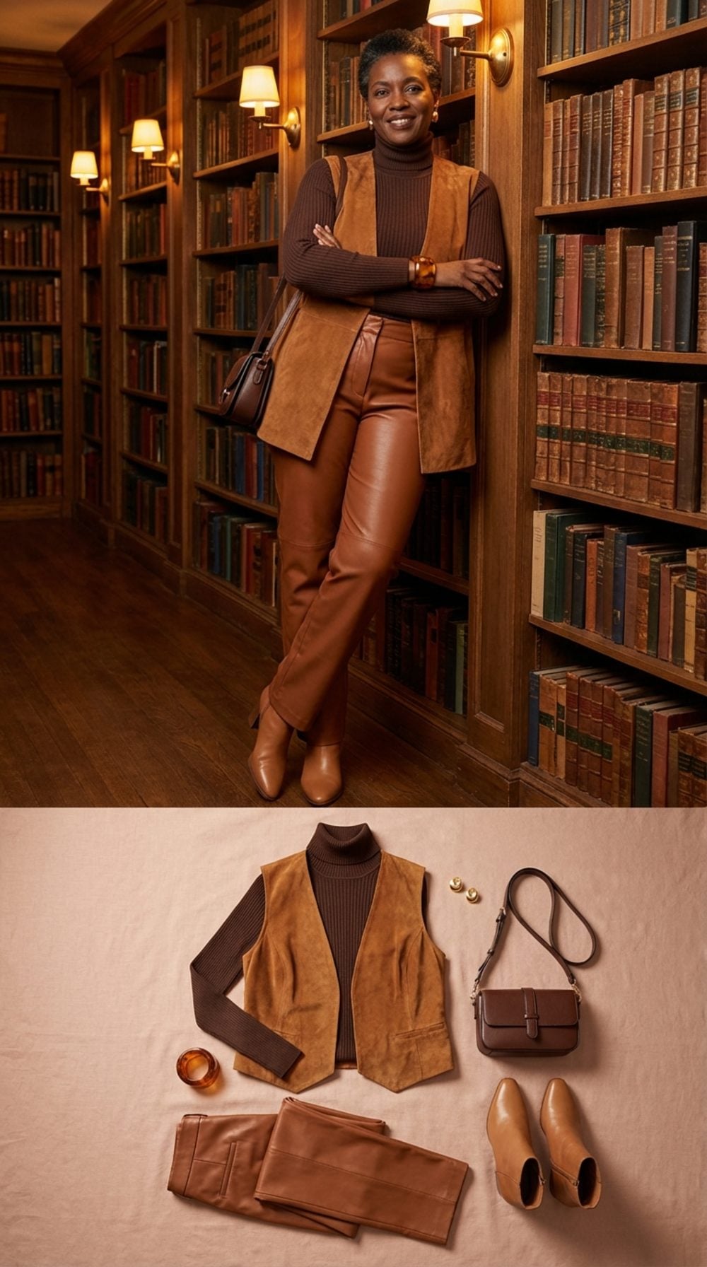 Caramel Suede Vest, Chocolate Turtleneck, and Straight-Leg Cognac Trousers