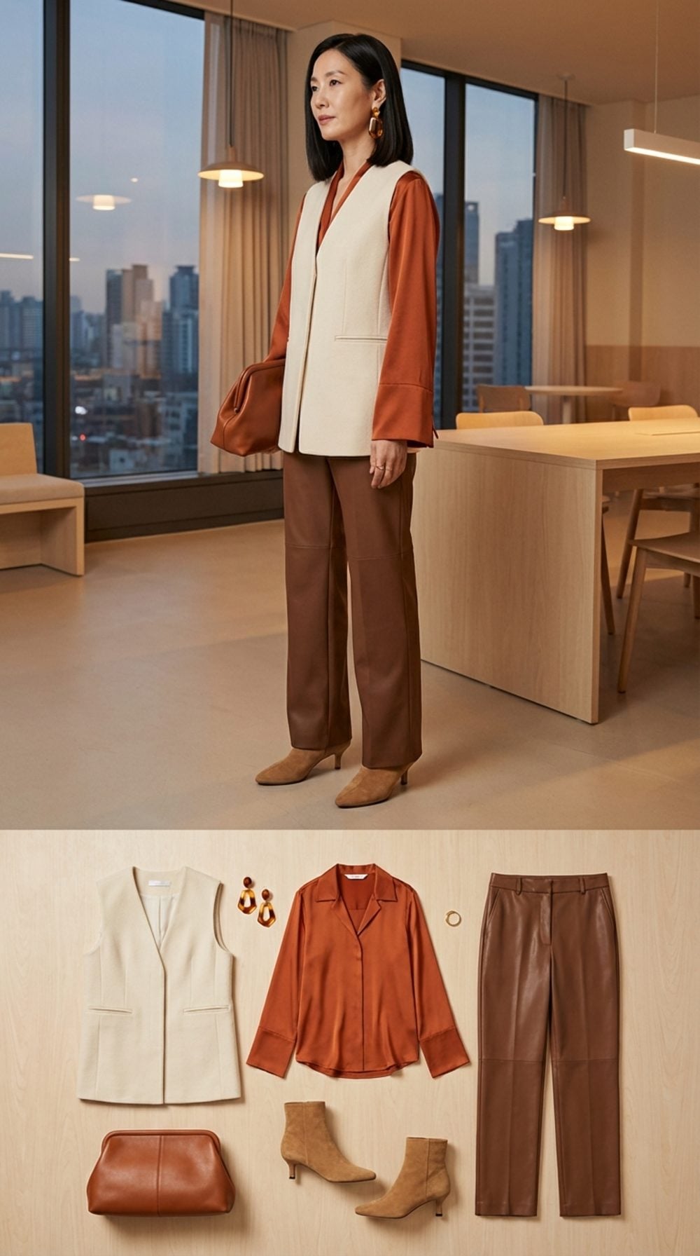 Cream Wool Vest, Rust Orange Silk Blouse, and Brown Leather Wide-Leg Trousers