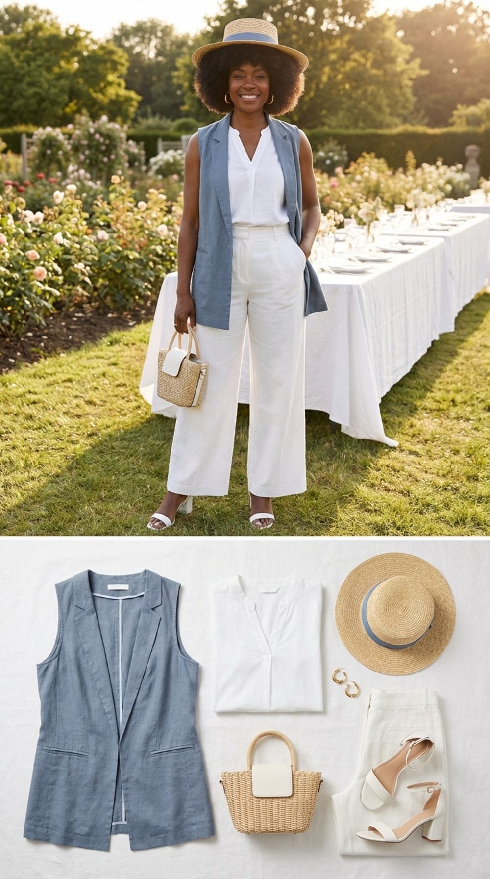 Dusty Blue Linen Vest, White Wide-Leg Trousers, and a Straw Hat for a Garden Party