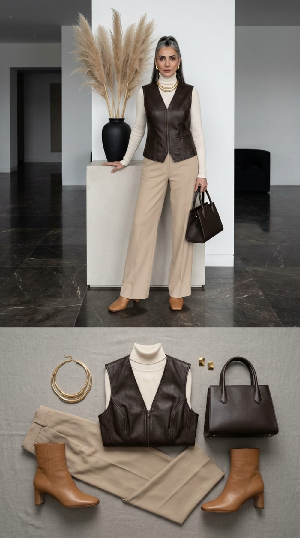 Deep Espresso Leather Vest Over a Cream Silk Turtleneck and Sand Wide-Leg Trousers