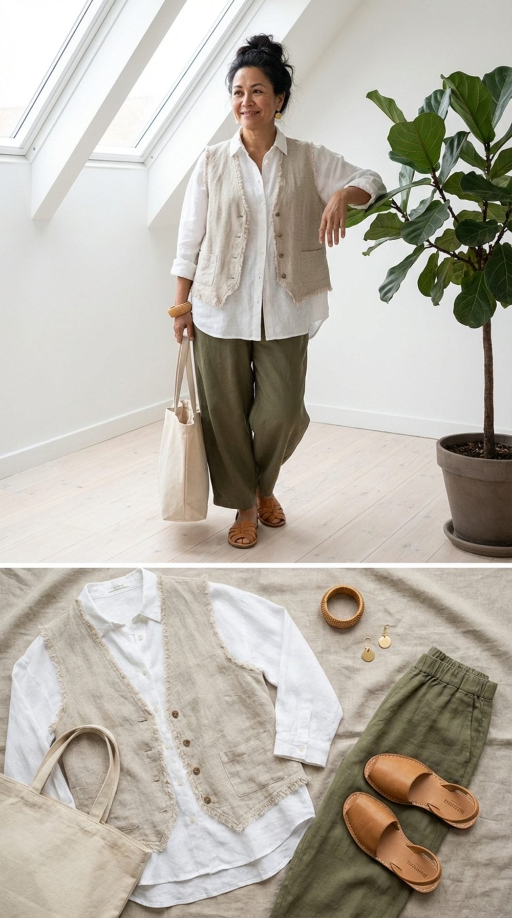 Warm Oatmeal Linen Vest With Frayed Hem, Wide White Linen Shirt, and Slouchy Olive Trousers