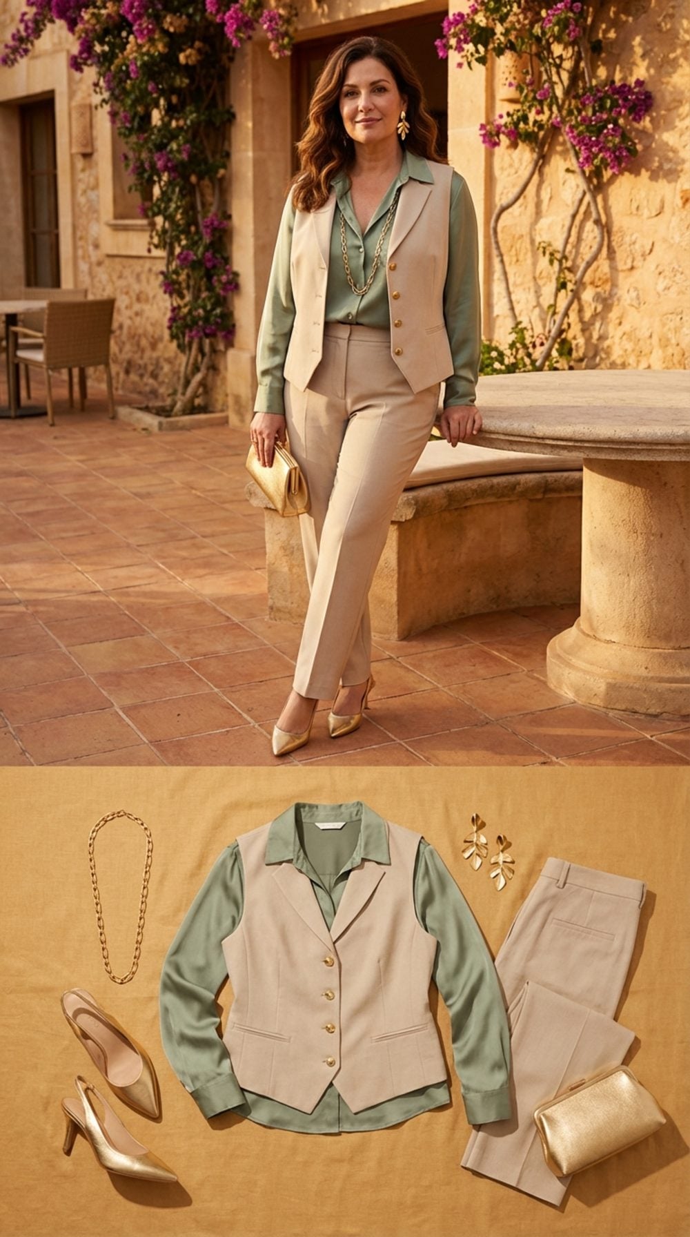 Warm Stone Tailored Vest, Sage Green Silk Blouse, and Straight Leg Stone Trousers With Gold Details
