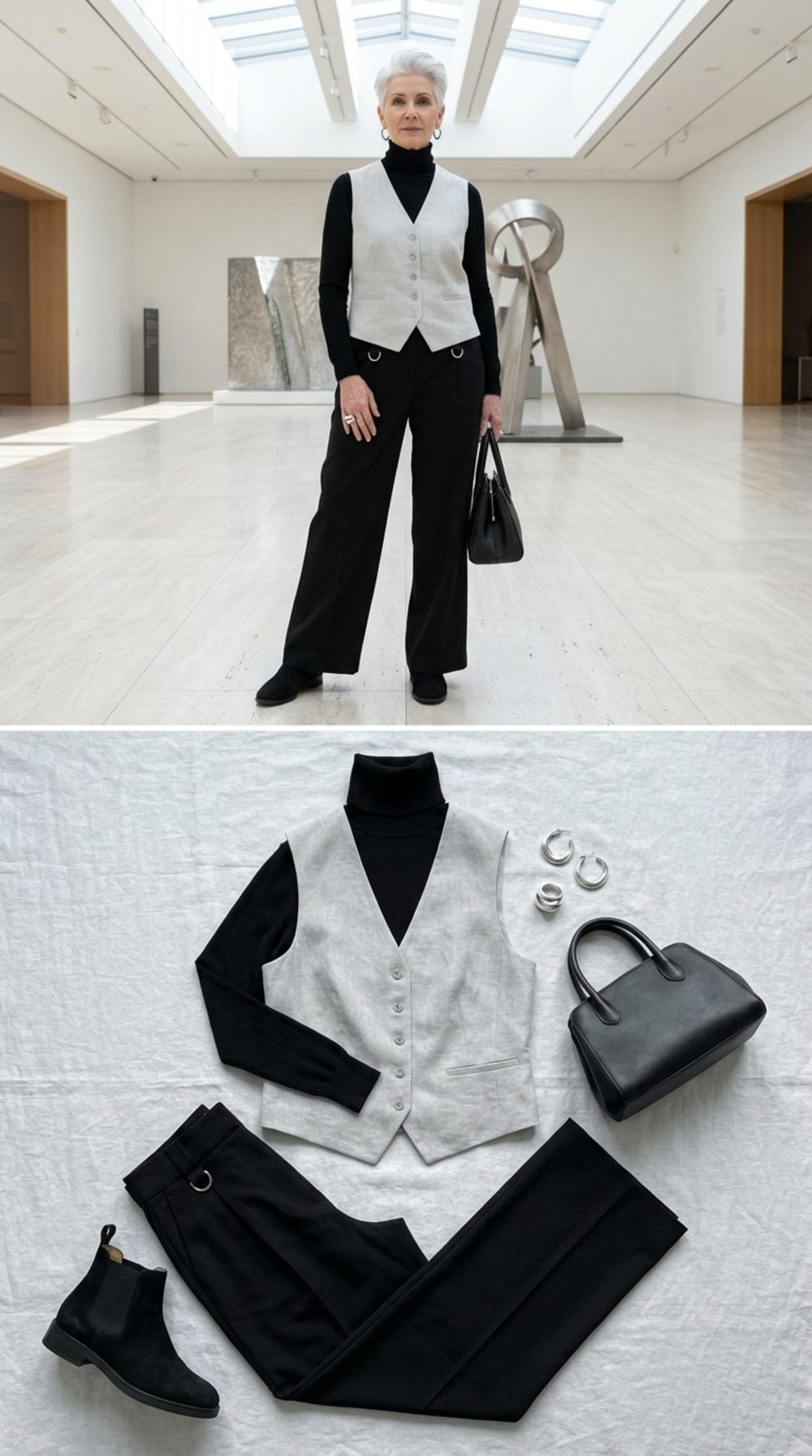 Pale Grey Linen Vest, Black Fine-Knit Turtleneck, and Wide-Leg Black Trousers With Silver Hardware