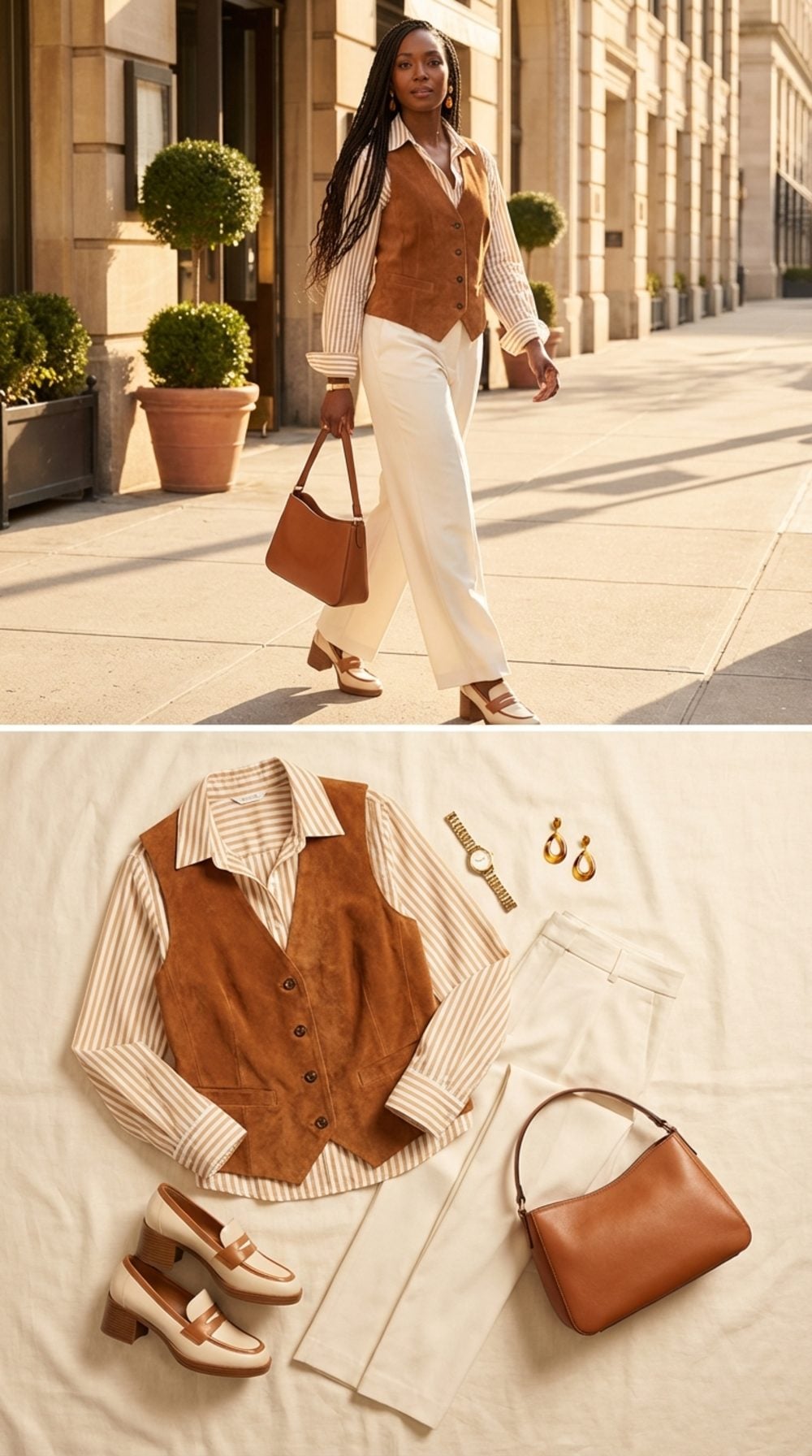 Warm Cognac Suede Vest, Striped Cream and Tan Blouse, and Wide-Leg Cream Trousers With Block Heels