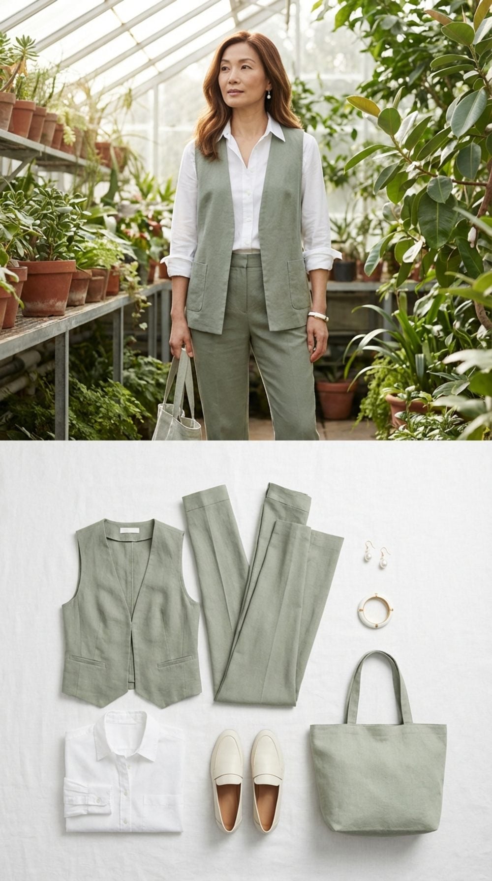Sage Green Linen Vest Over a Crisp White Button-Down and Tailored Sage Trousers
