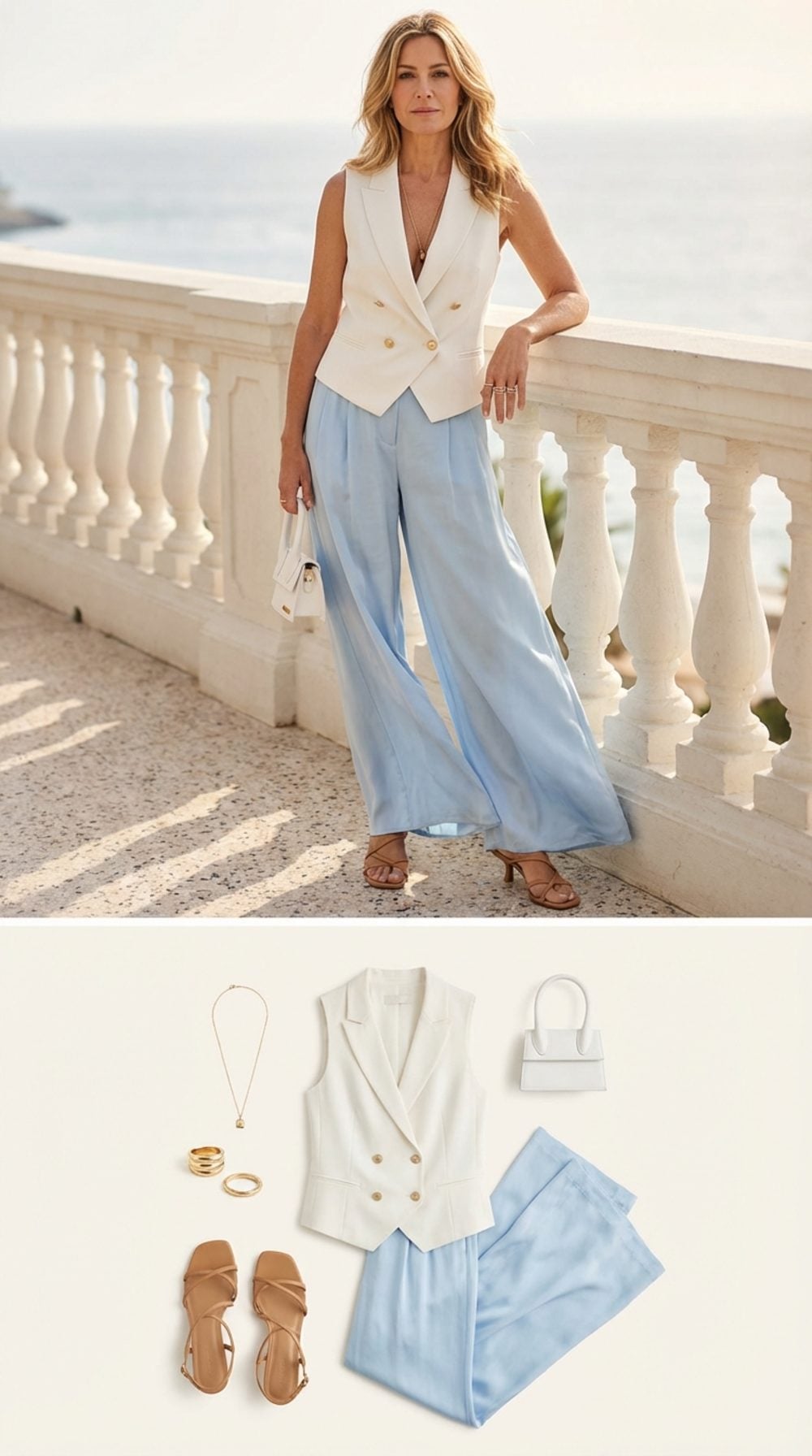 Dove White Tailored Vest, Pale Blue Silk Wide-Leg Trousers, and Naked Sandals