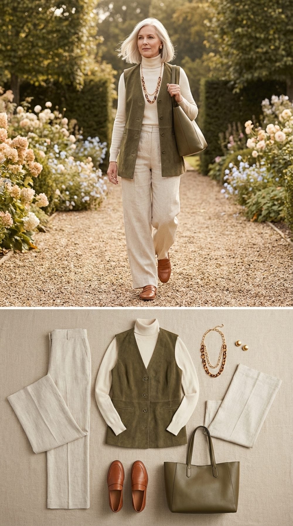 Olive Suede Vest, Cream Cashmere Turtleneck, and Wide-Leg Oatmeal Linen Trousers