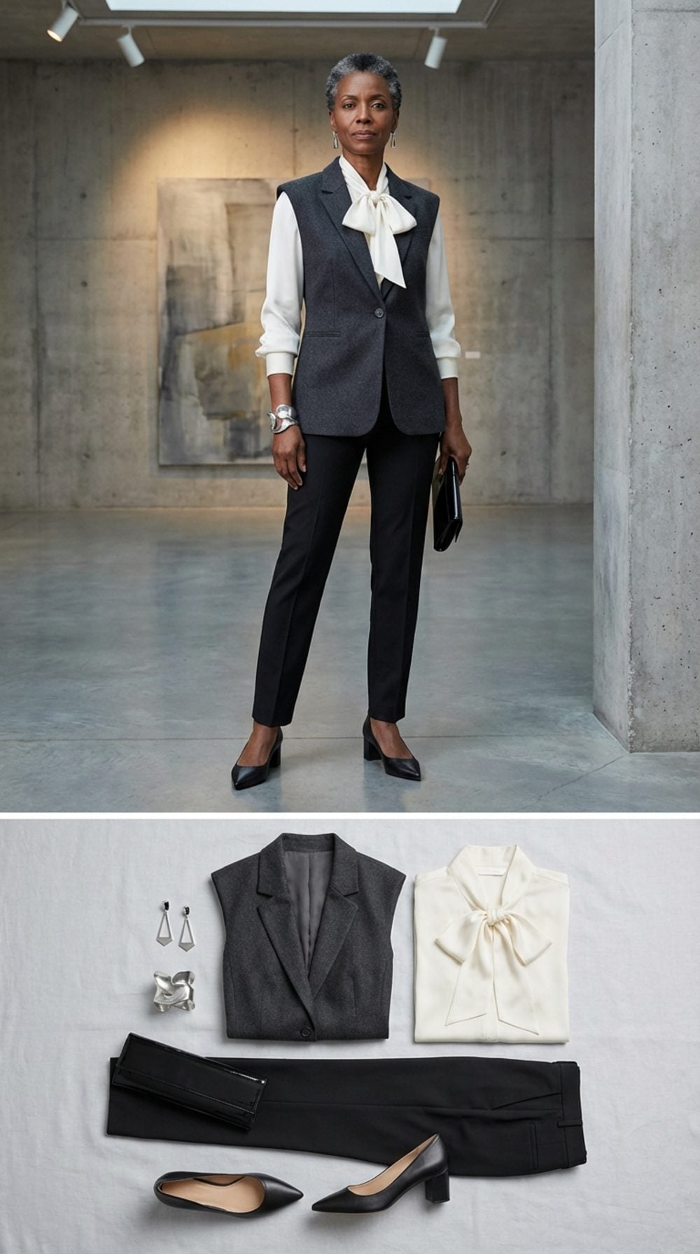 Charcoal Tailored Vest, Ivory Silk Blouse With Statement Collar, and Slim Black Trousers