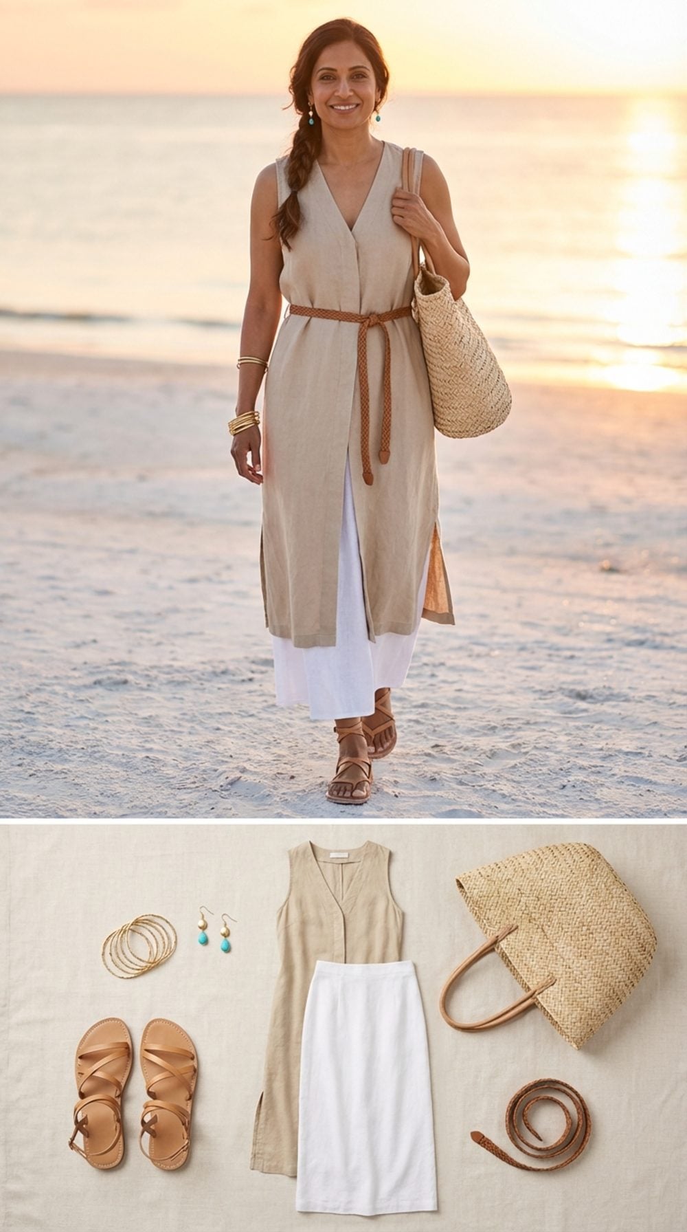 Sand Linen Belted Vest Dress Over a Long White Linen Skirt and Leather Sandals