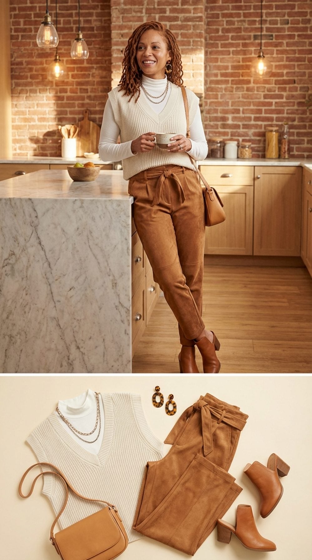 Warm Ecru Knit Vest, High-Neck Thin White Tee, and Paperbag-Waist Caramel Trousers