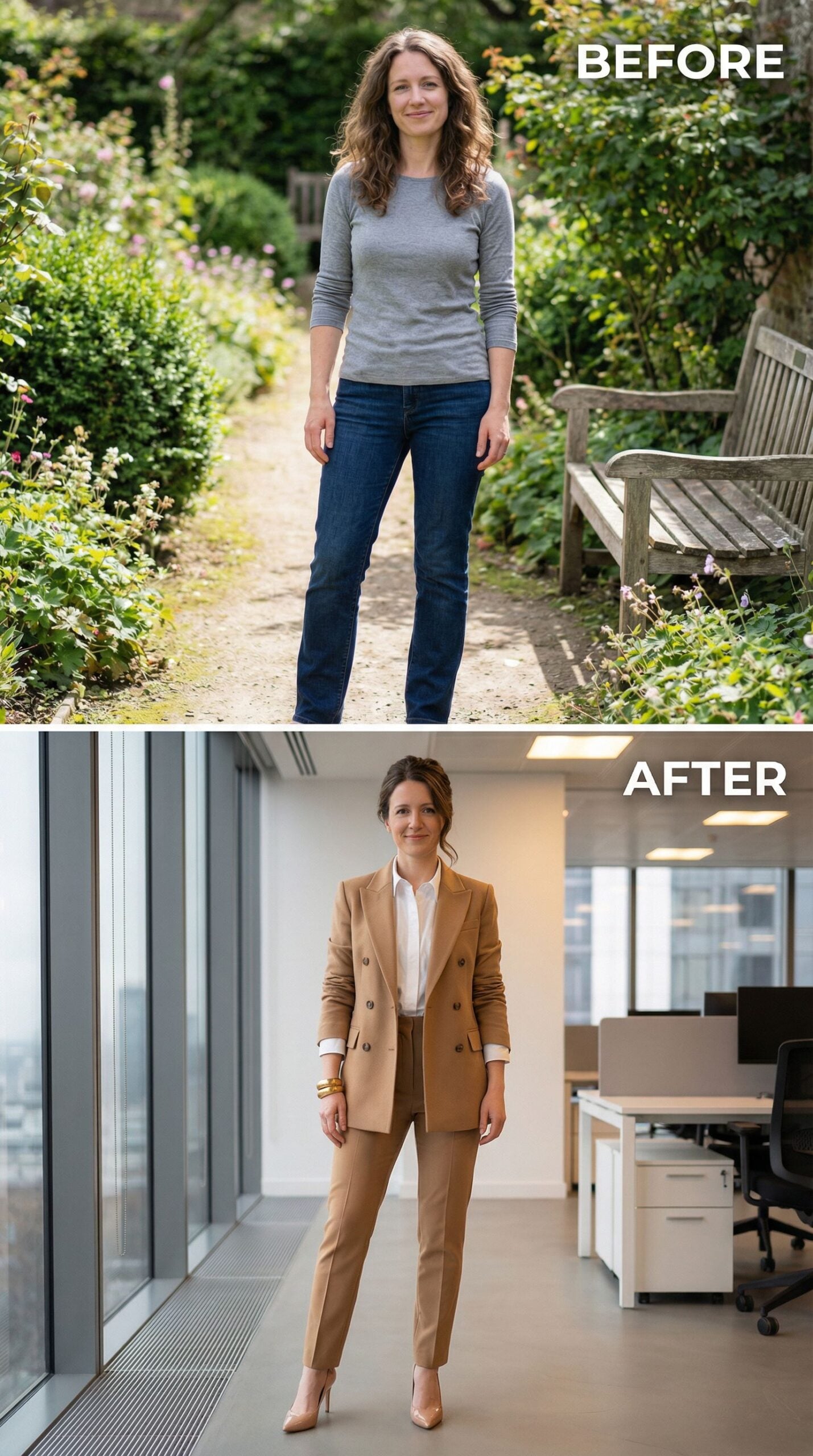 Camel Suit and Nude Pumps Replace Garden Casual