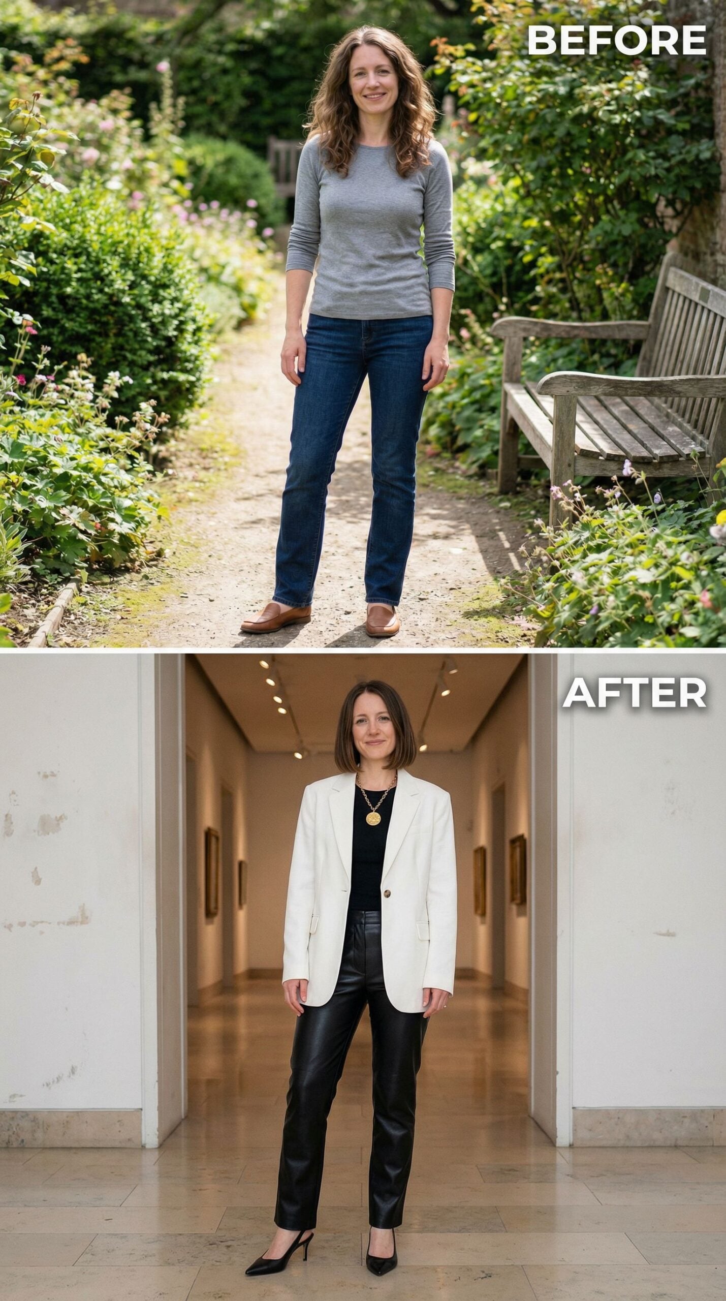Straight Leg Denim to Leather Trousers with a White Blazer