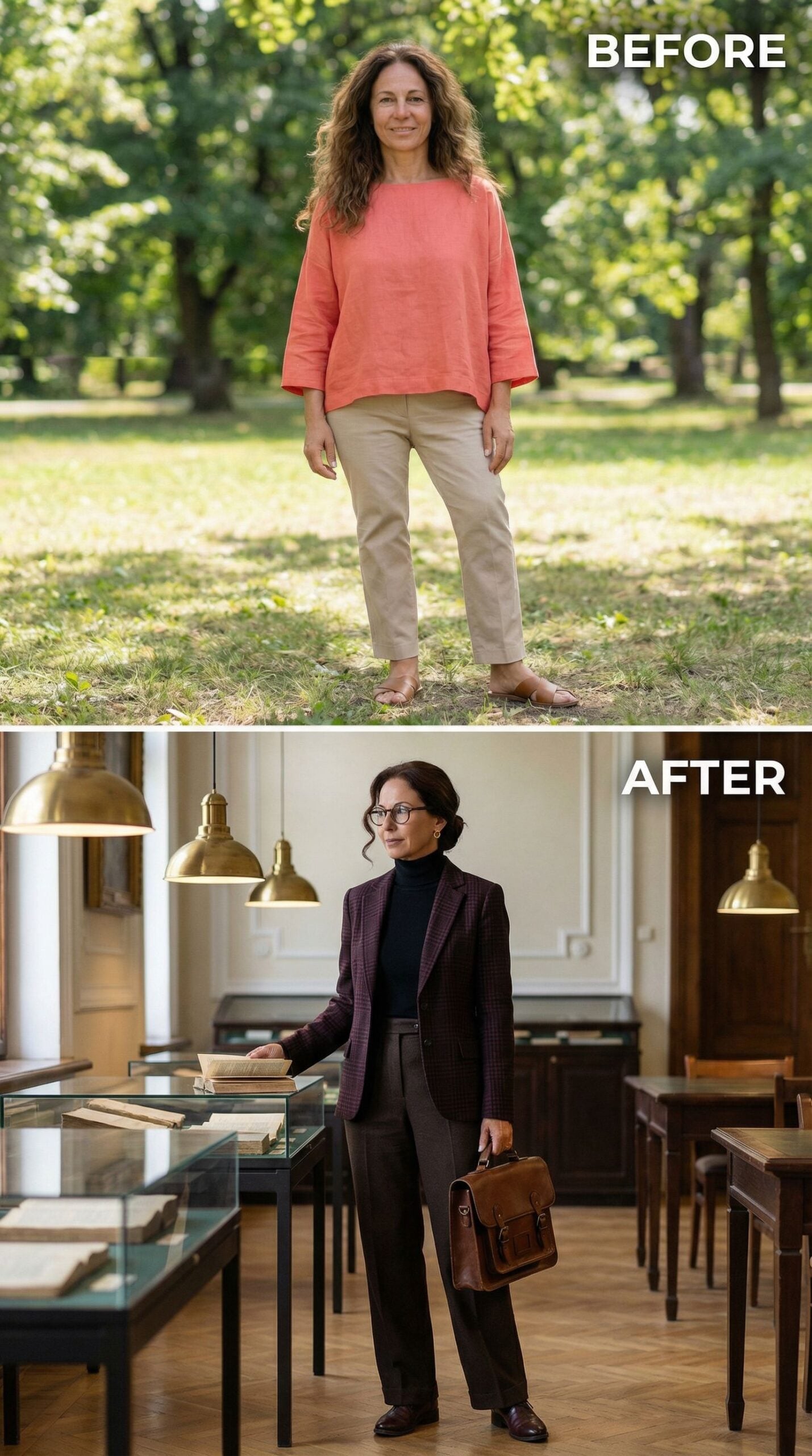 From Park Strolls to Library Corridors in Plum Check Suiting