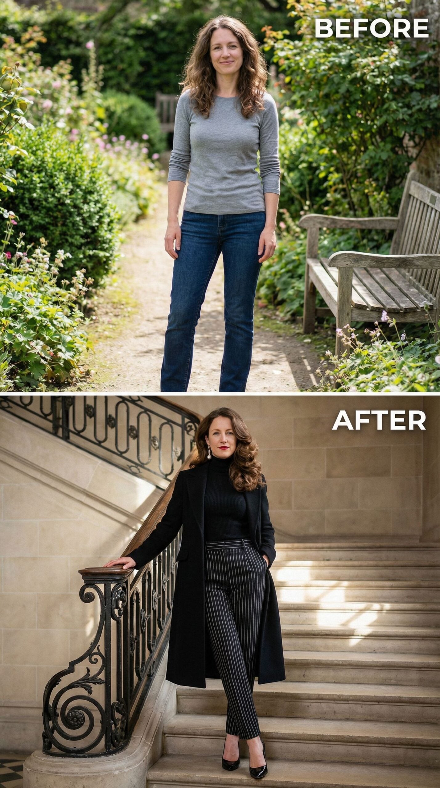 Black Turtleneck and Pinstripe Trousers Command the Staircase