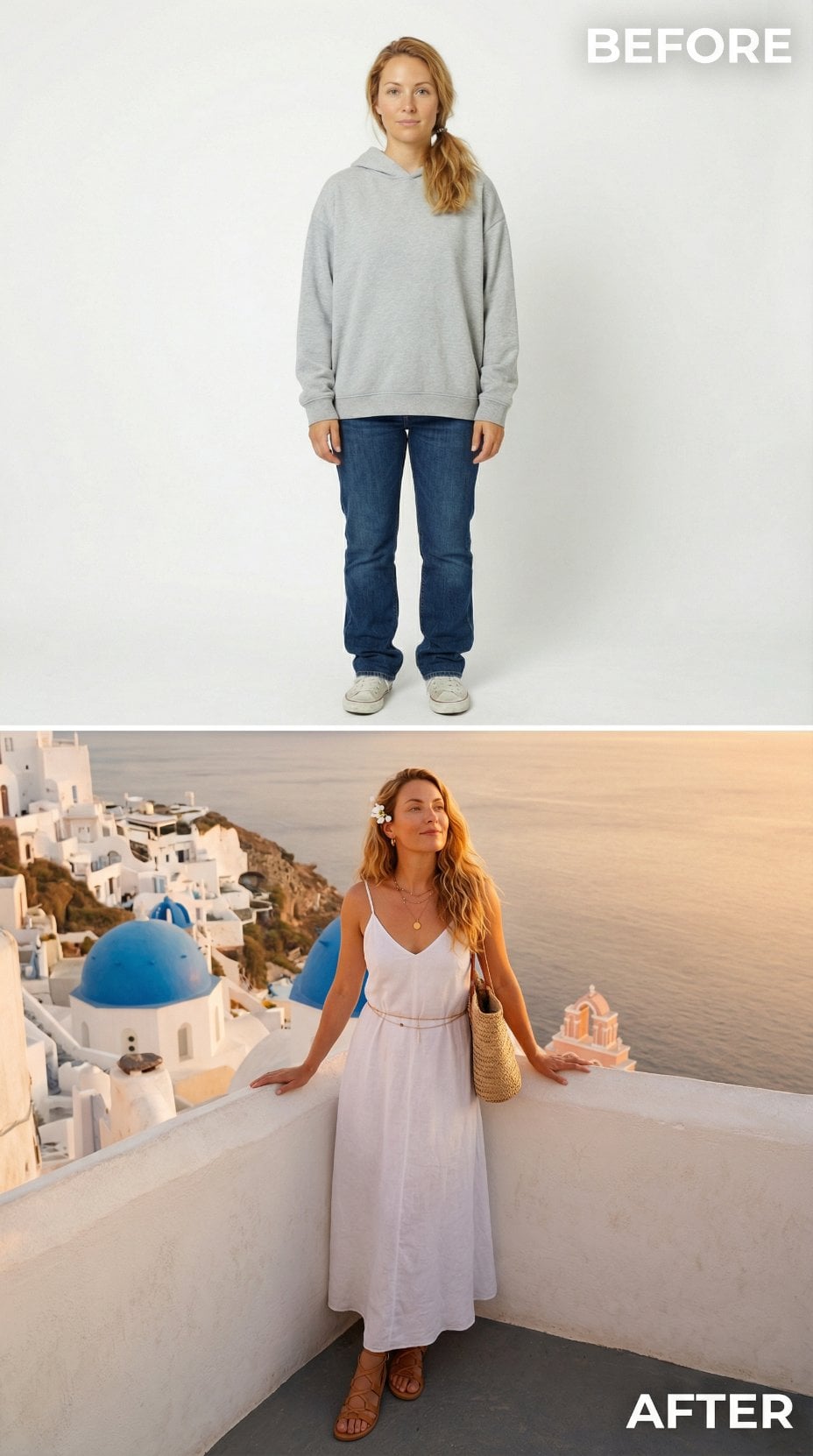 Gray Hoodie and Blue Jeans Dissolve Into White Linen in Santorini