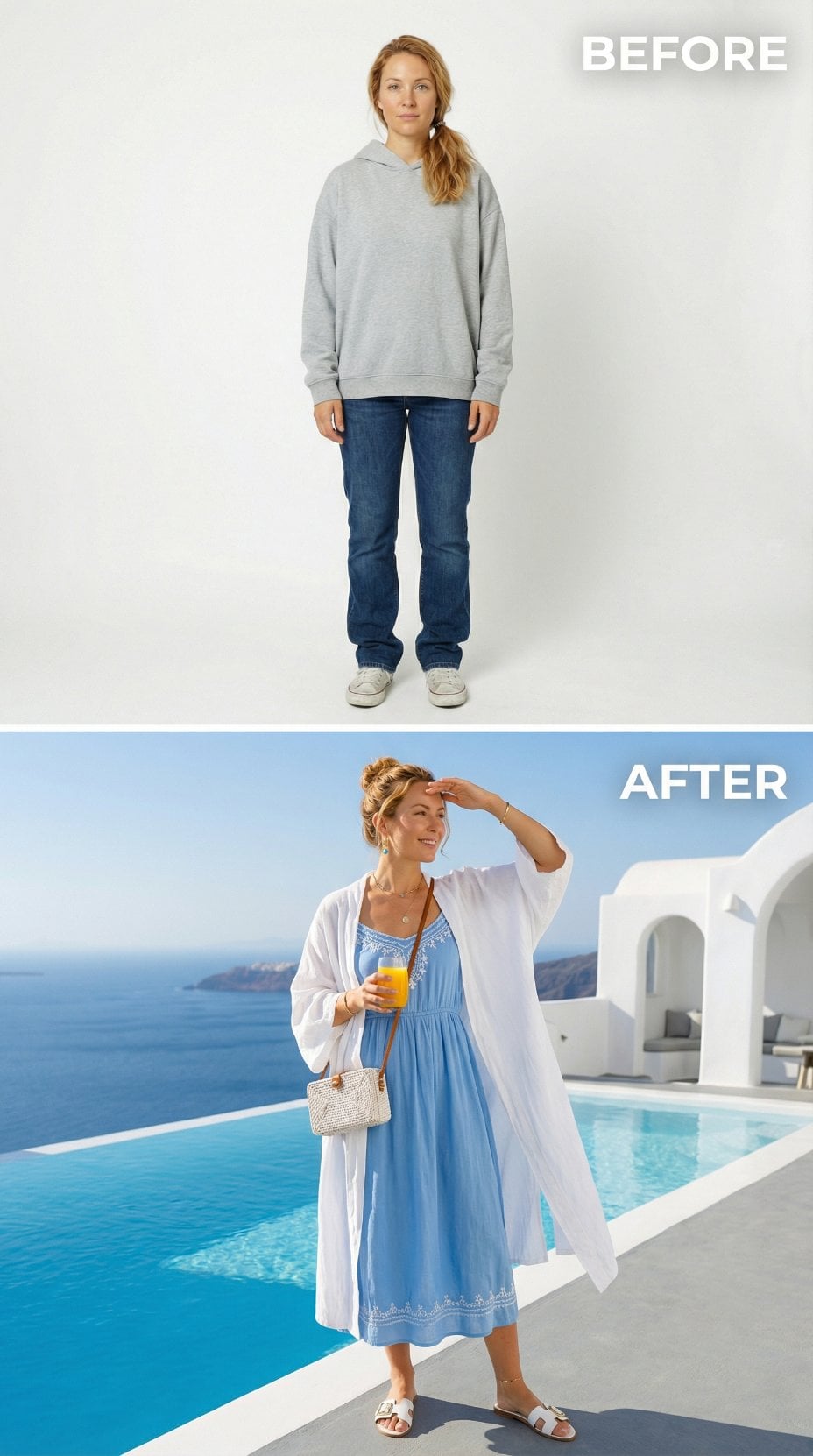 Oversized Hoodie Dissolves Into Periwinkle Sundress and Ivory Linen Layers