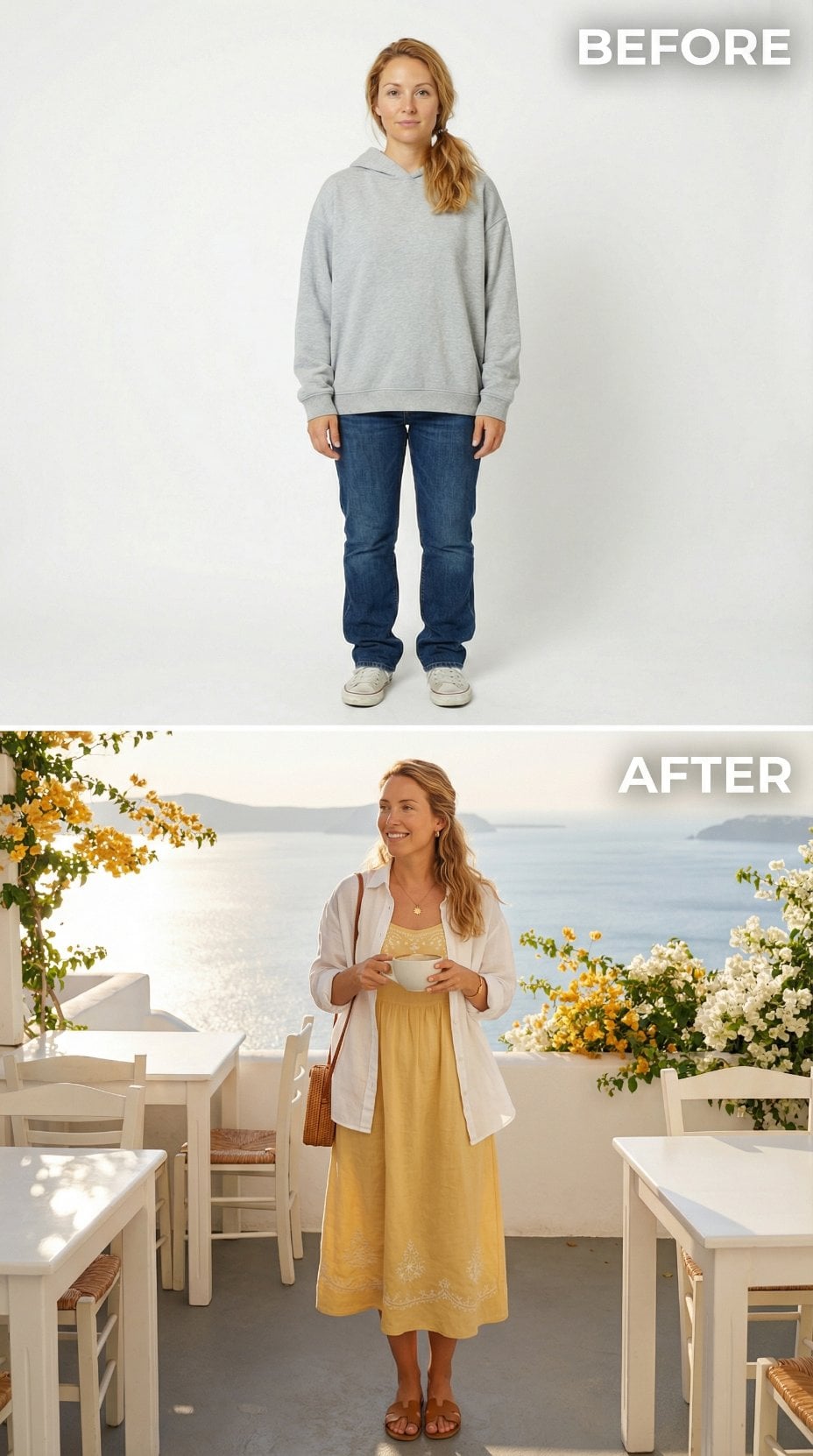 Oversized Gray Hoodie Gives Way to Saffron Midi and White Linen Shirt