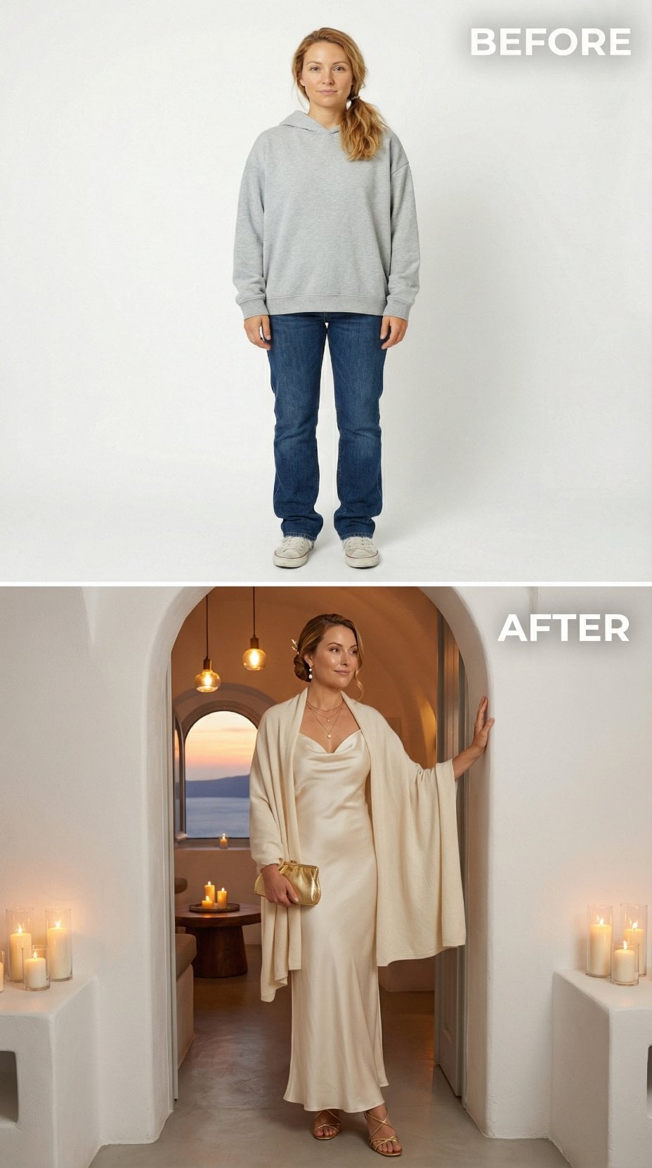 Oversized Sportswear Swapped for Champagne Silk and Flowing Cape Drama