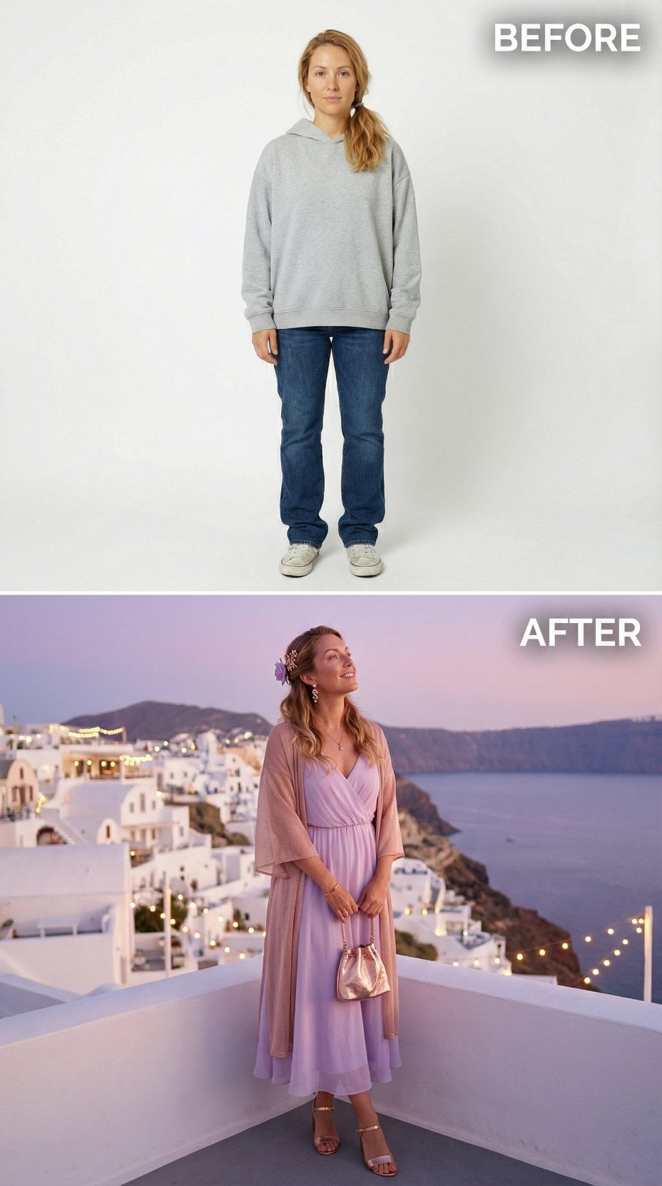 Borrowed Gray Sweatshirt Traded for Lilac Wrap Gown and Shawl Layers