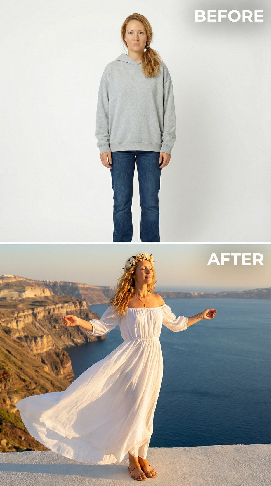 Hoodie Swapped Out for Off-Shoulder White Cotton and Flower Crown