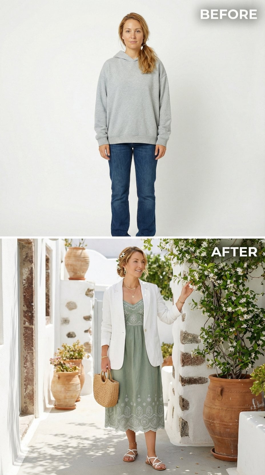 Casual Hoodie Surrenders to Sage Eyelet Midi and Ivory Blazer