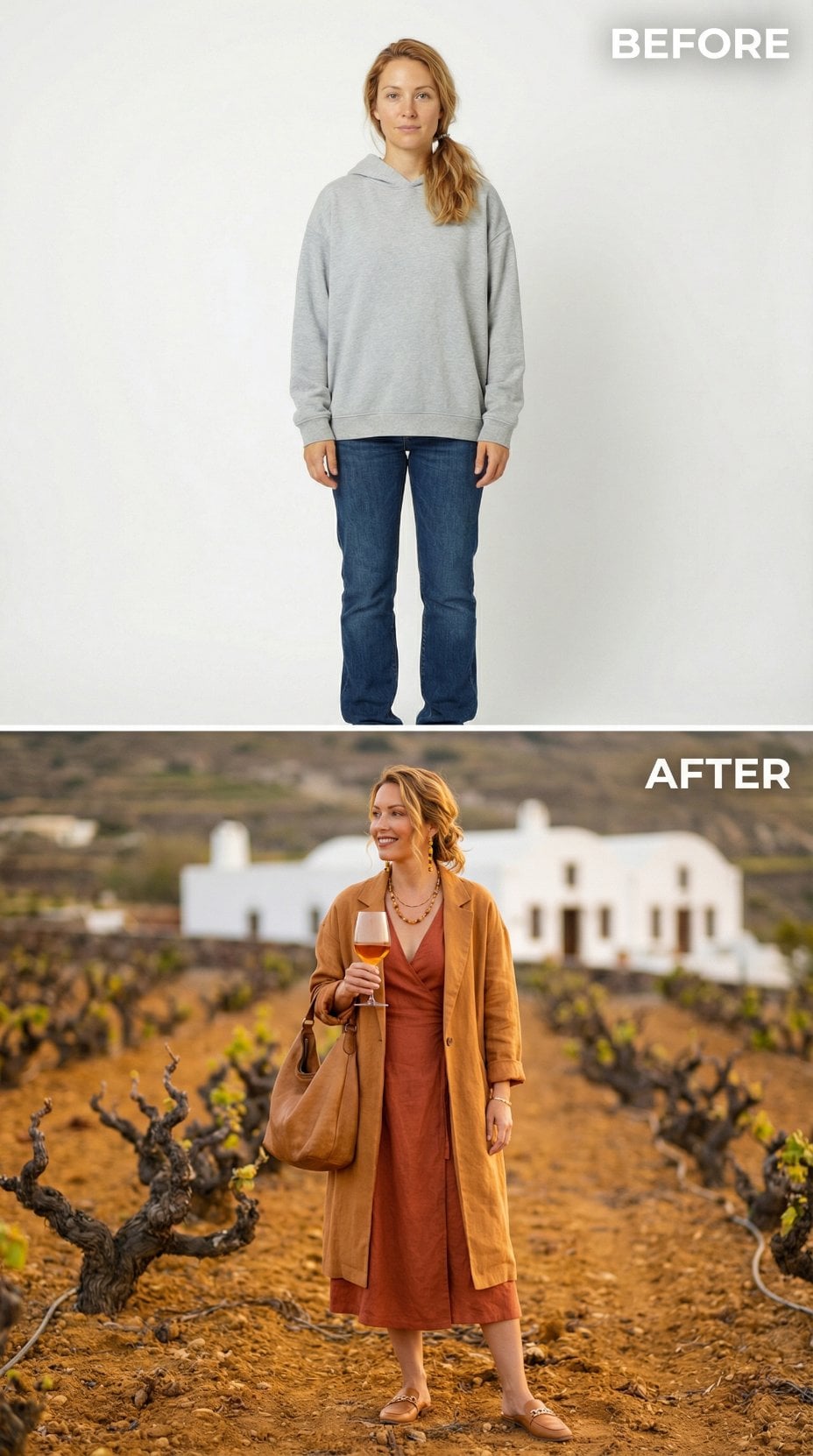 Gray Sweatshirt Vanishes Into Terracotta Jumpsuit and Camel Trench