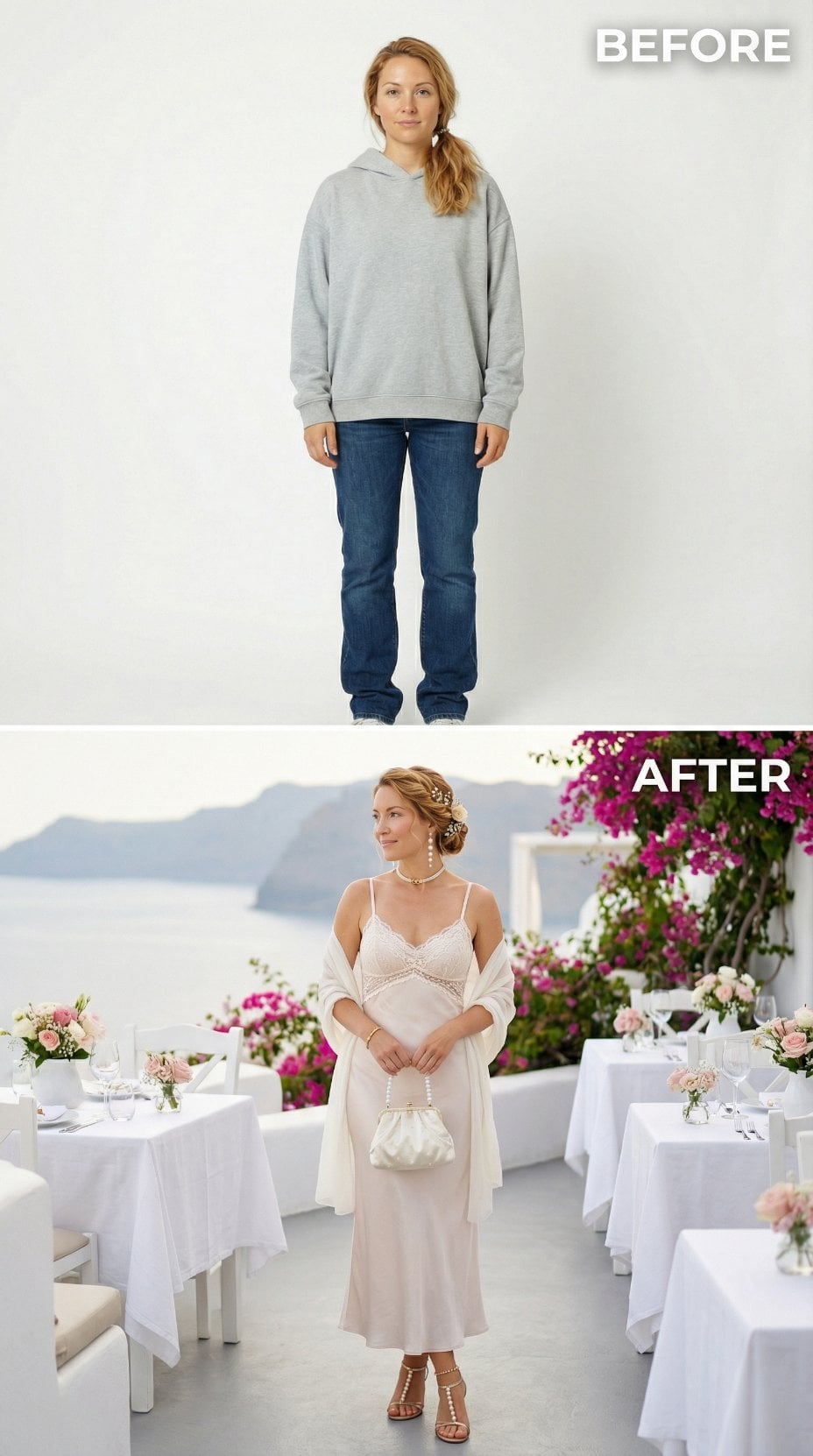 Gray Cotton Meets Mediterranean Pearl: Satin Slip and Draped Wrap Revive