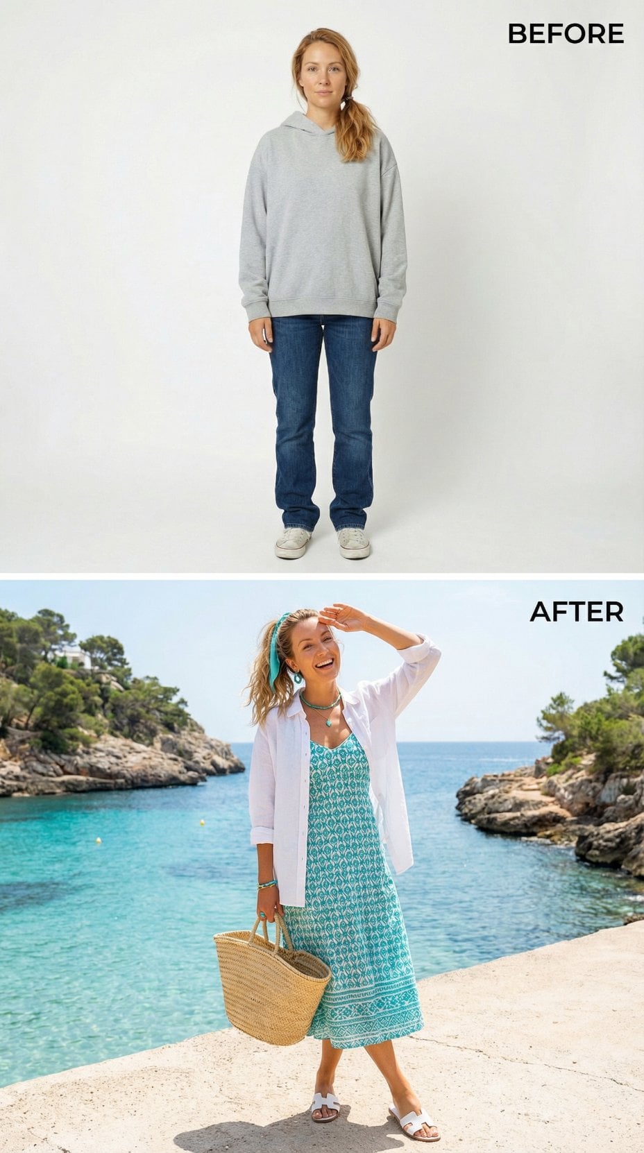 Relaxed Gray Hoodie and Dark Denim Swap Places With Turquoise Maxi and Woven Tote