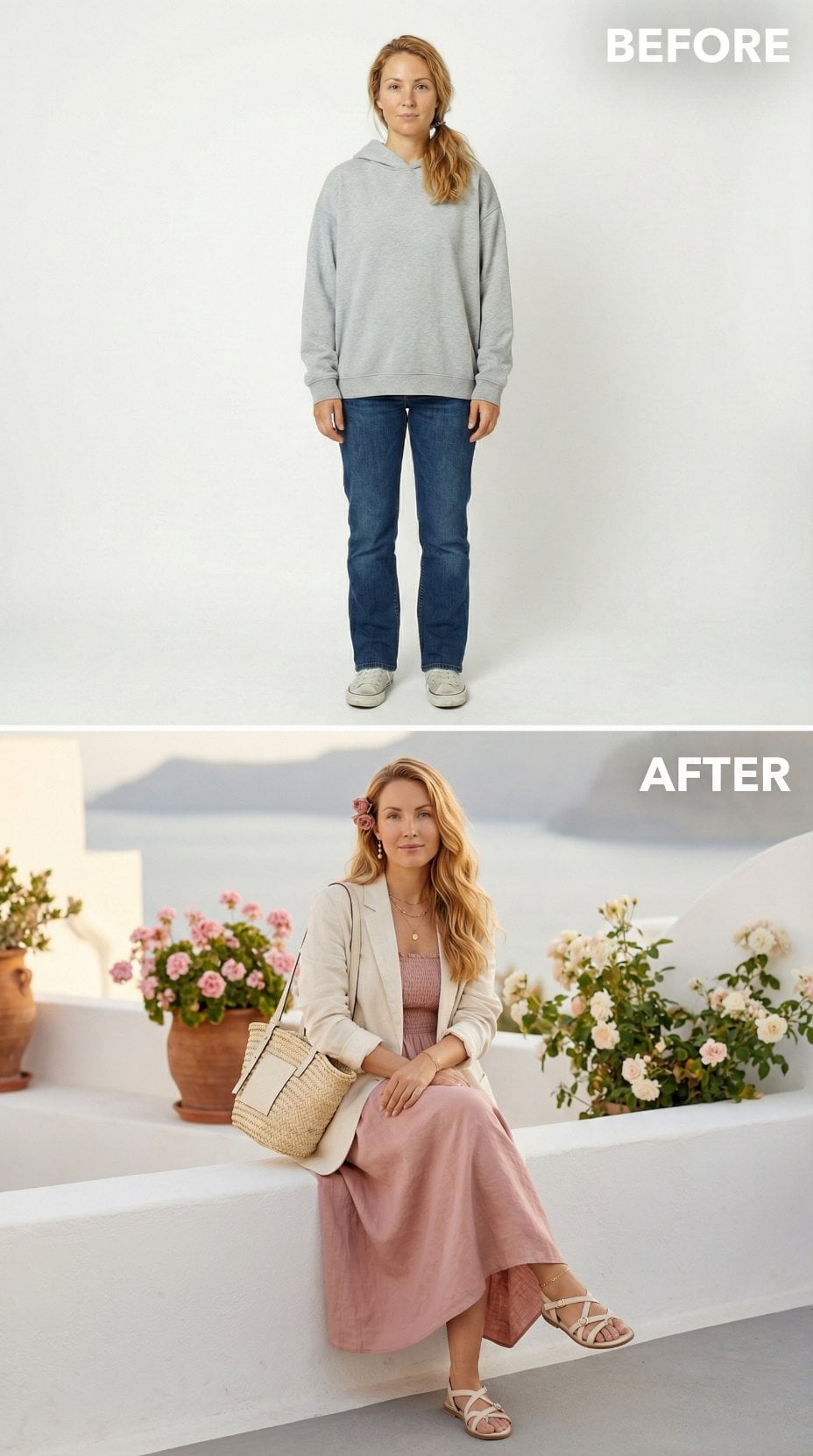 Gray Hoodie Comfort Zone Surrenders to Pink Smocked Bodice and Linen Blazer